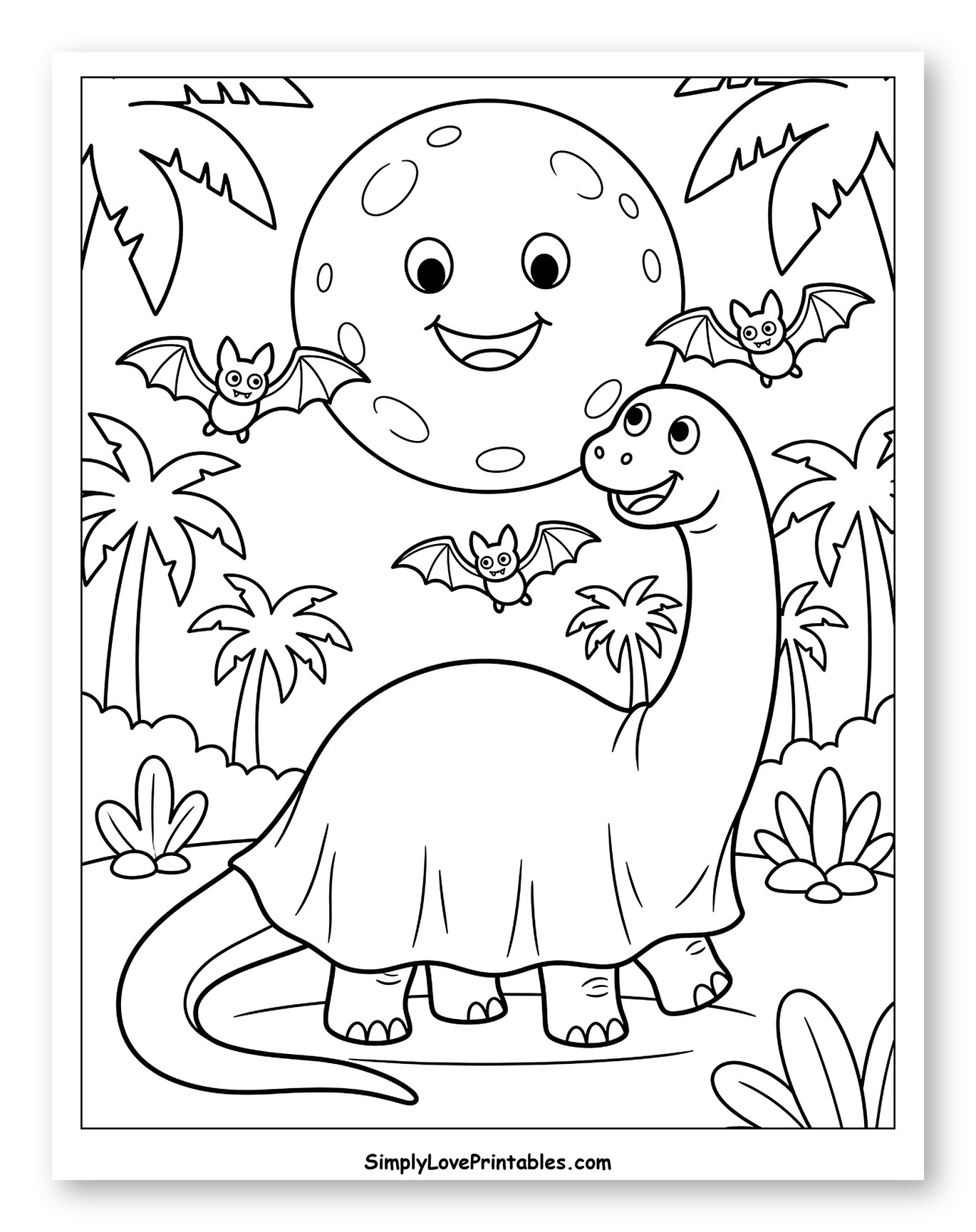 Smiling Brontosaurus and Bats with Moon