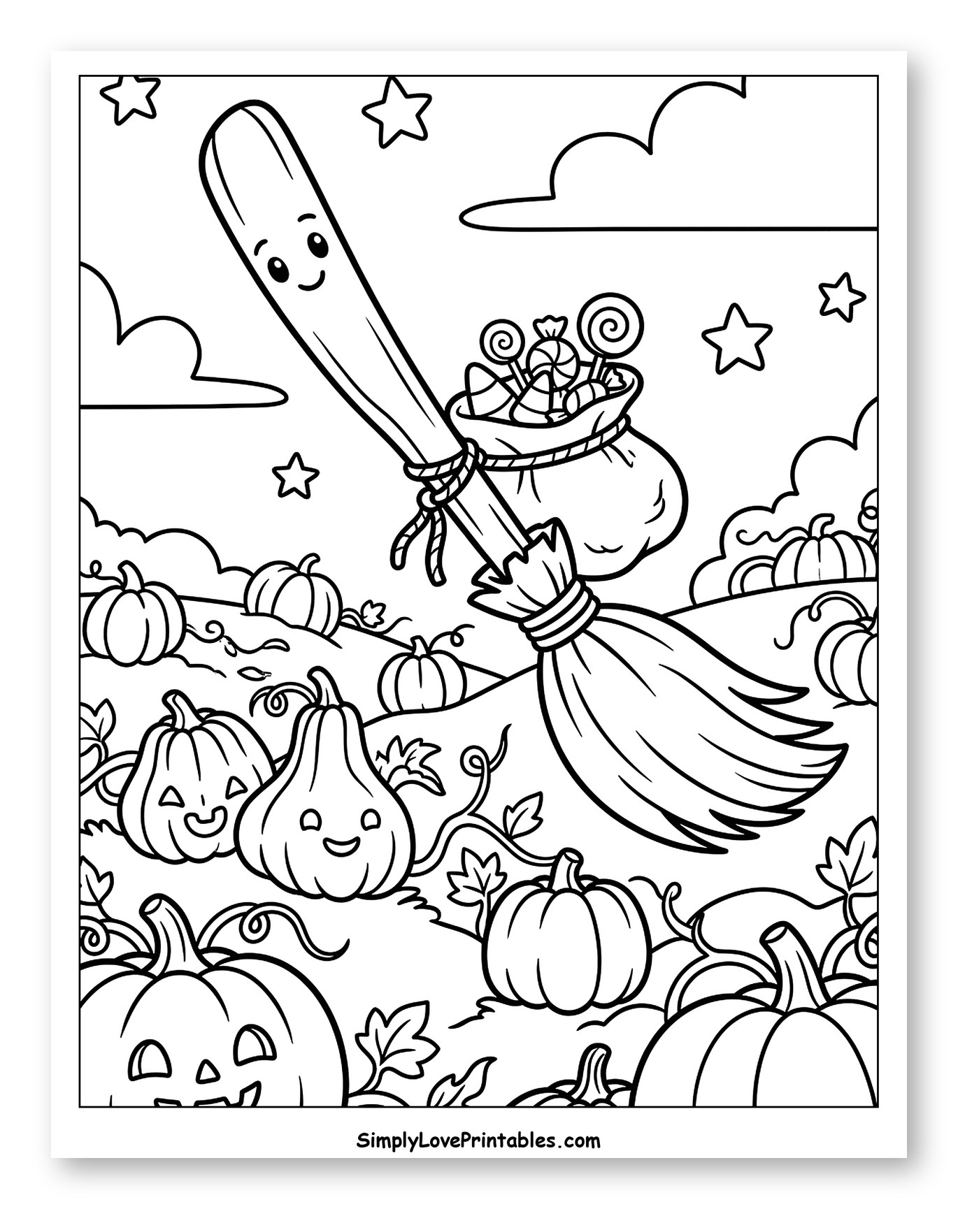 Smiling Broom Flying Over Pumpkin Patch