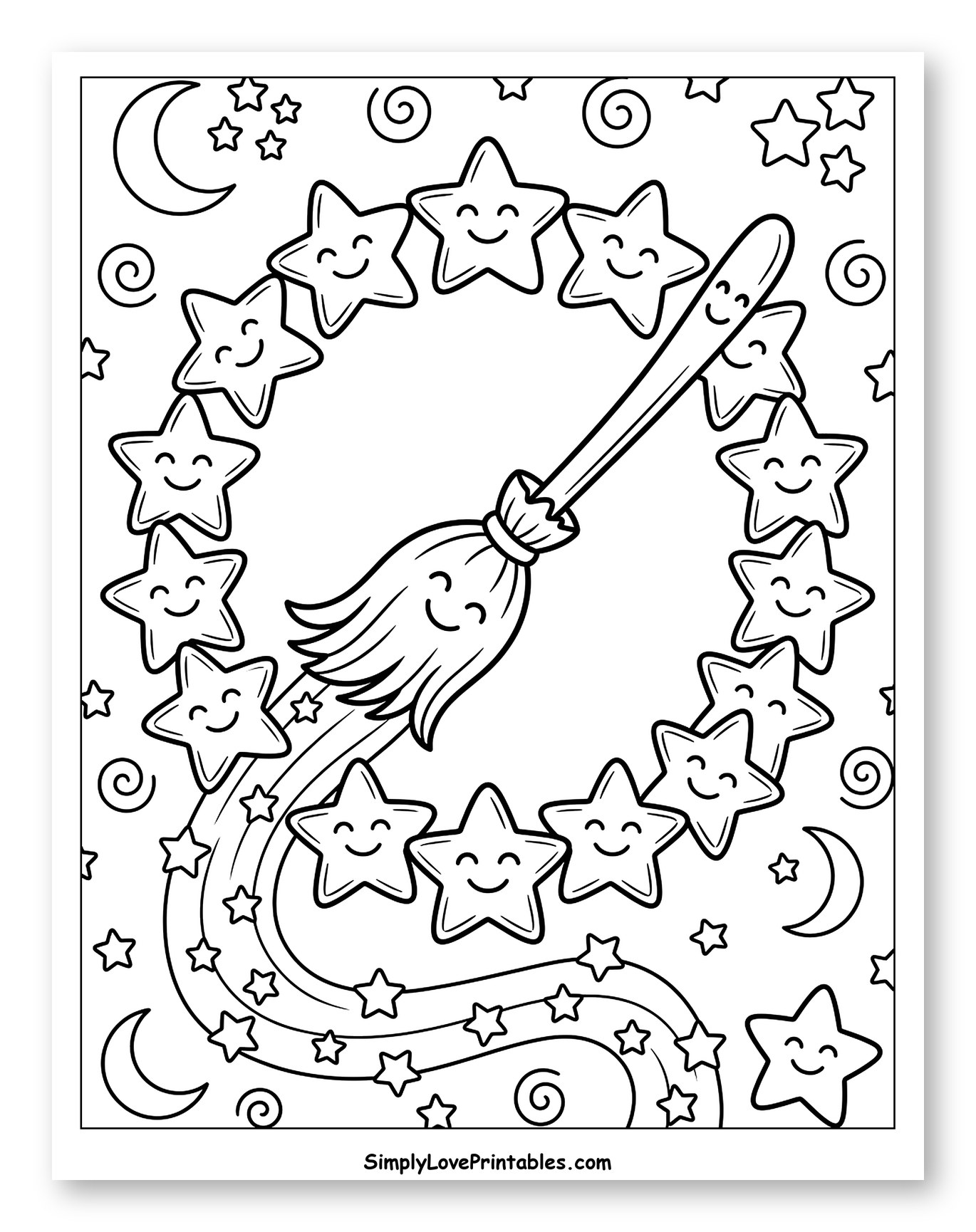 Smiling Broomstick Flying with Happy Stars Coloring Page for Kids