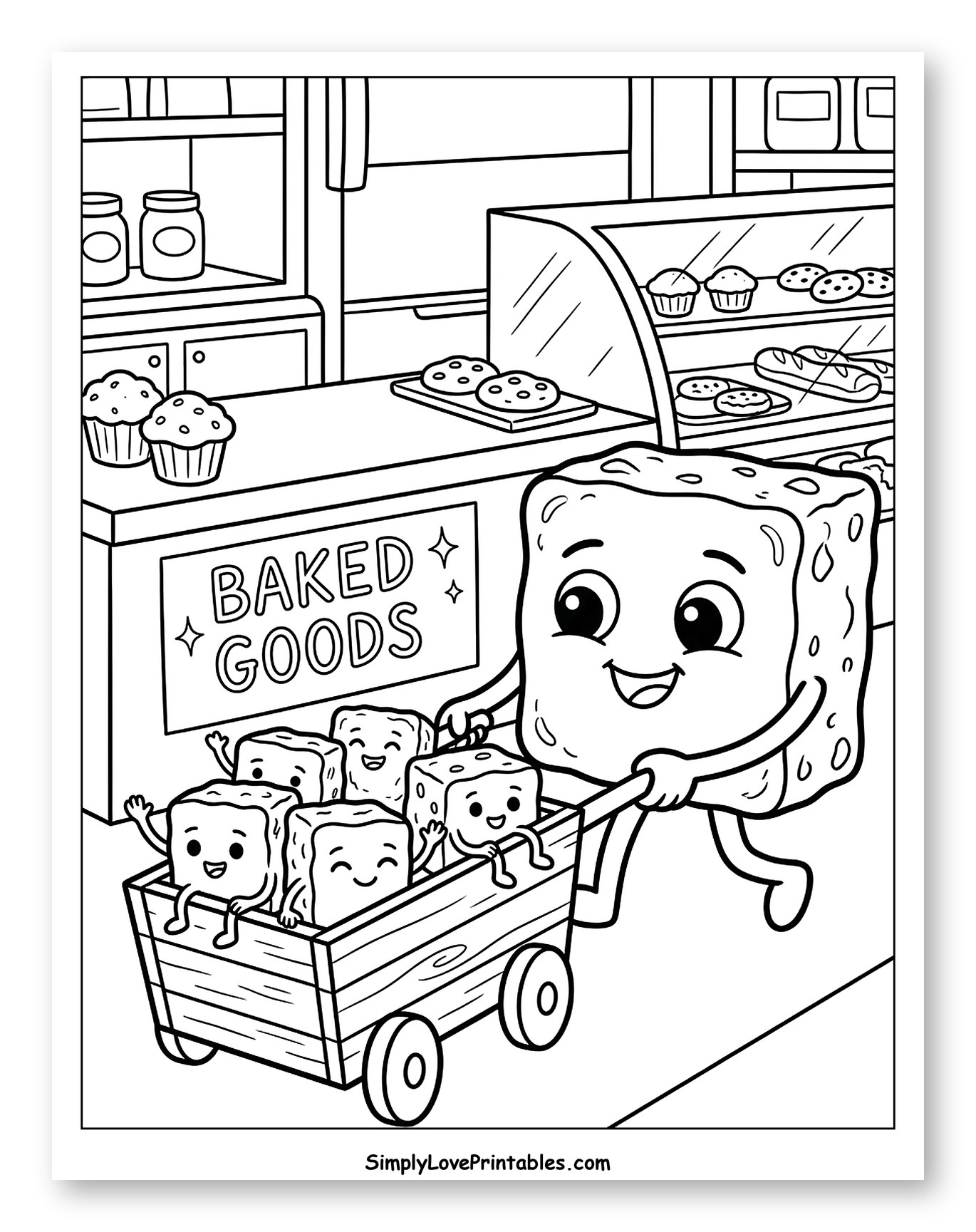 Smiling Brownie Pushing Cart of Brownie Friends Coloring Sheet for Kids