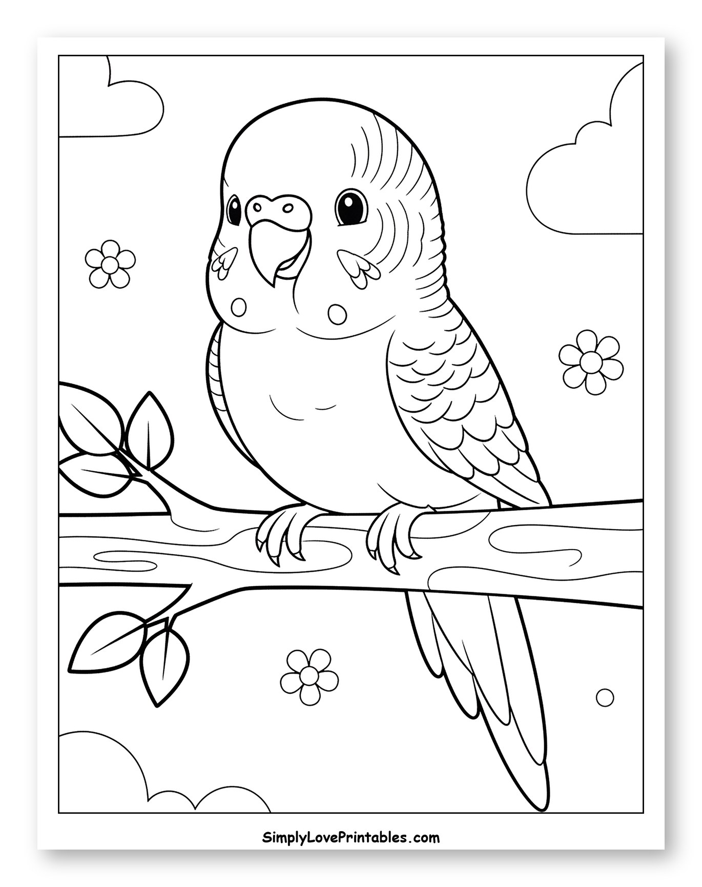 Smiling Budgie on Branch with Clouds and Flowers Coloring Sheet for Toddlers