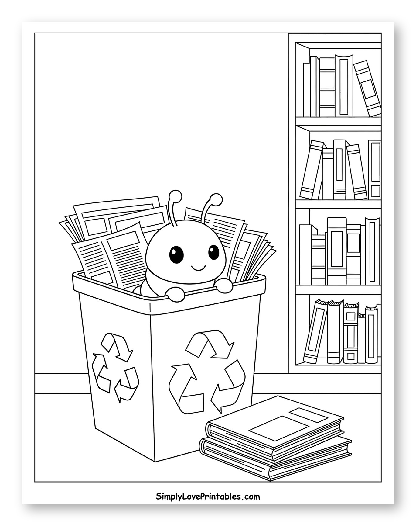 Smiling Bug in Recycling Bin by Bookshelves to Color for Kids