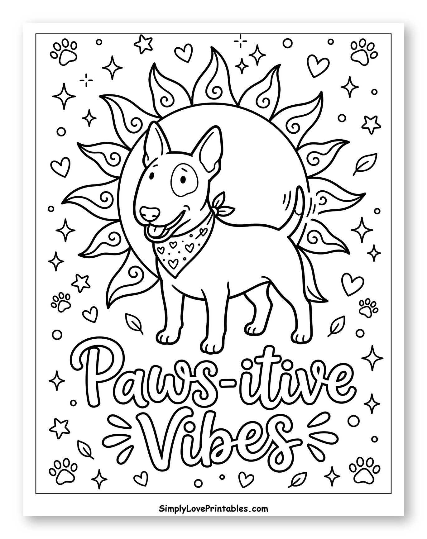 Smiling Bull Terrier Dog with Sun Coloring Page for Adults