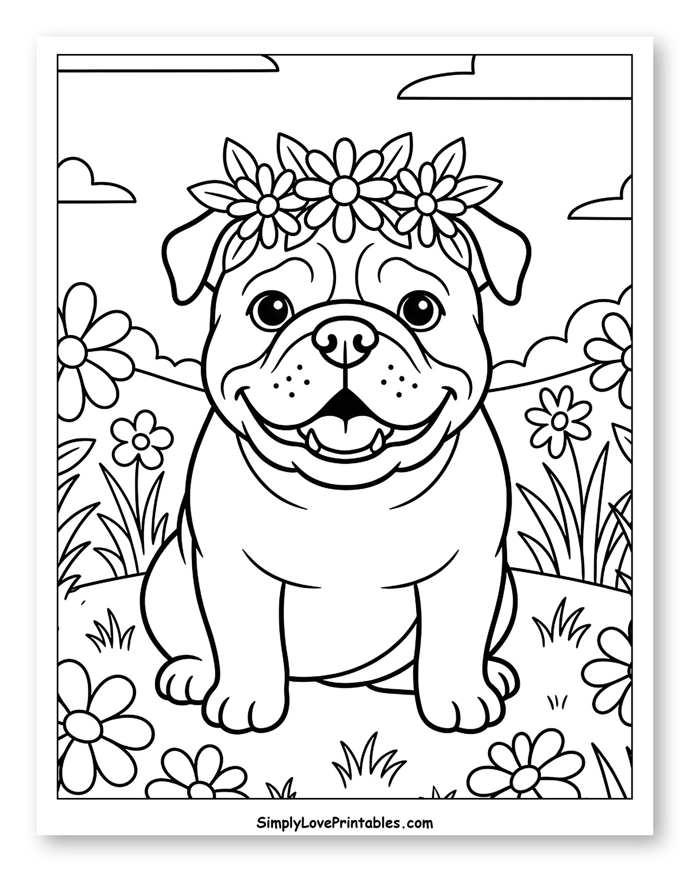 Smiling Bulldog in a Flowery Meadow