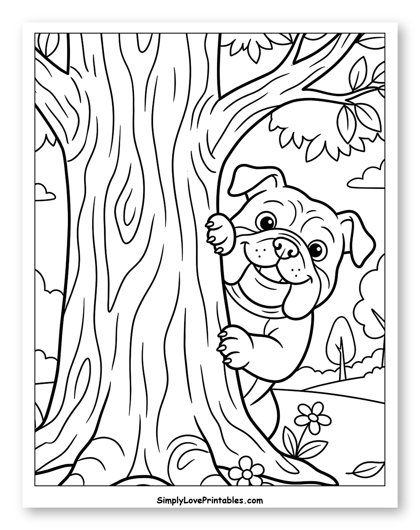 Smiling Bulldog Peeking Behind a Tree Coloring Page for Kids