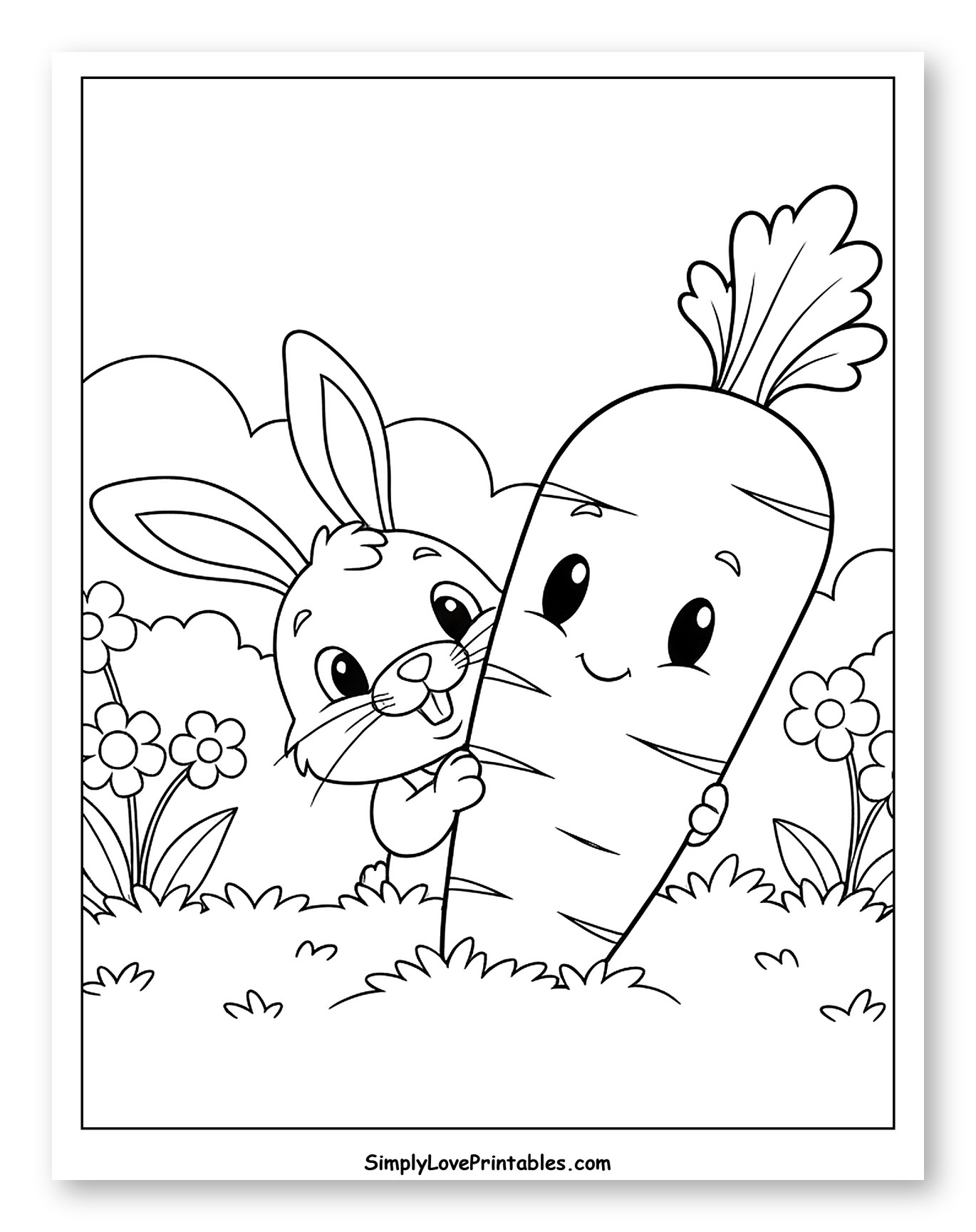 Smiling Bunny Peeking Behind a Happy Carrot Coloring Page for Kids