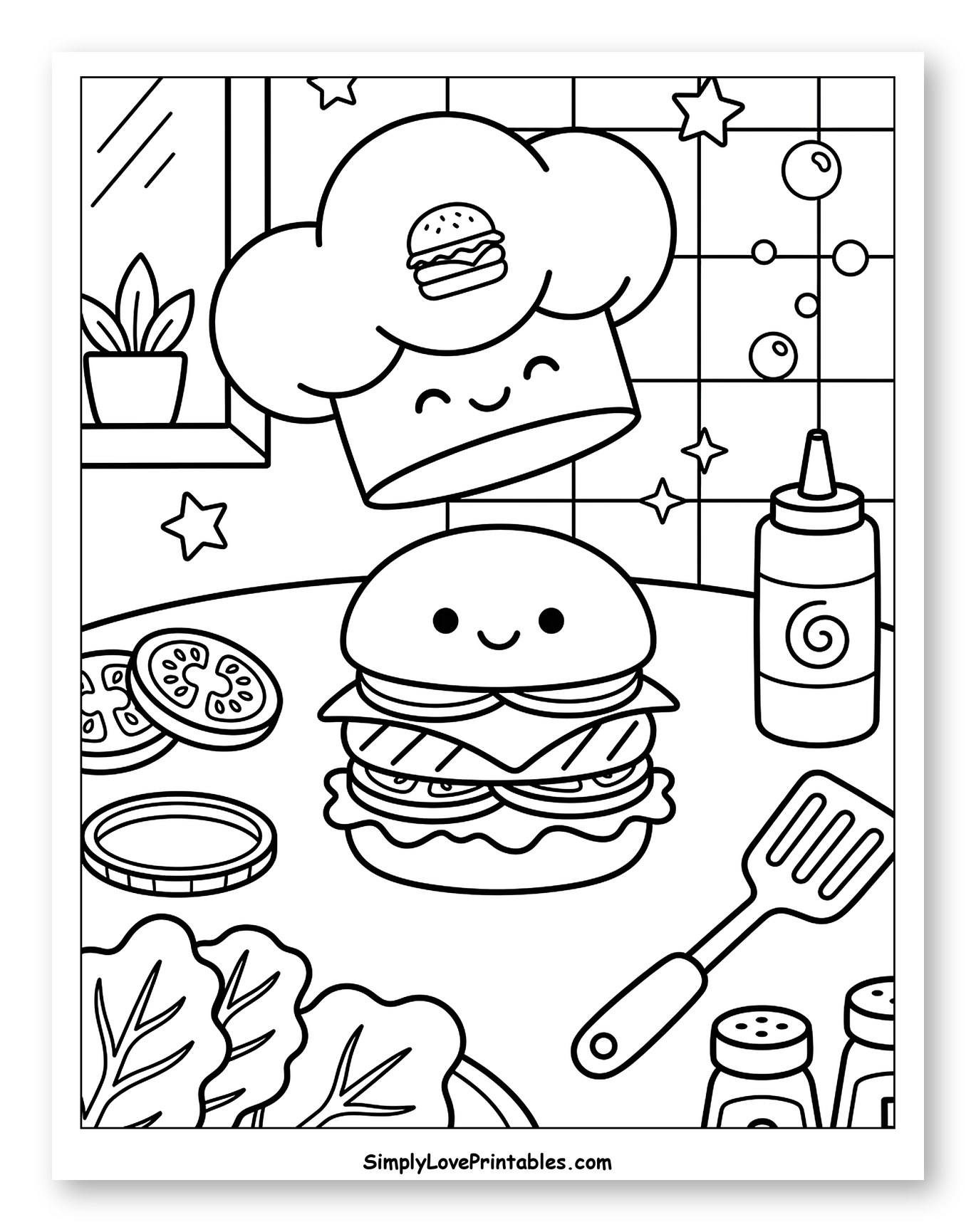 Smiling Burger and Chef's Hat in Kitchen Coloring Sheet for Kids