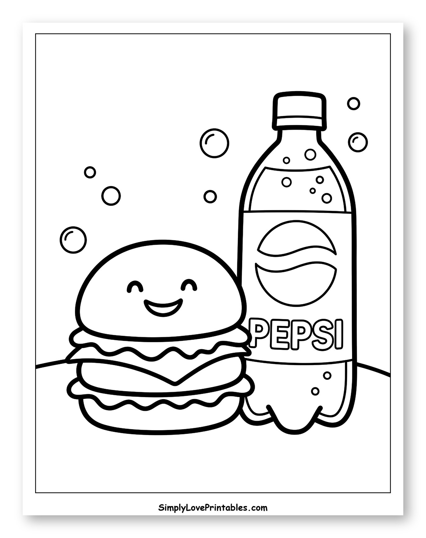 Smiling Burger and Pepsi Bottle Coloring Sheet for Toddlers