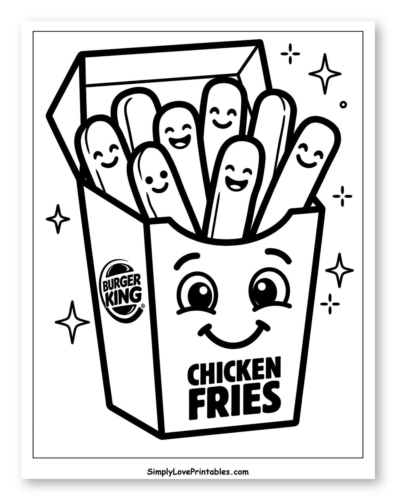 Smiling Burger King Chicken Fries Box to Color for Toddlers