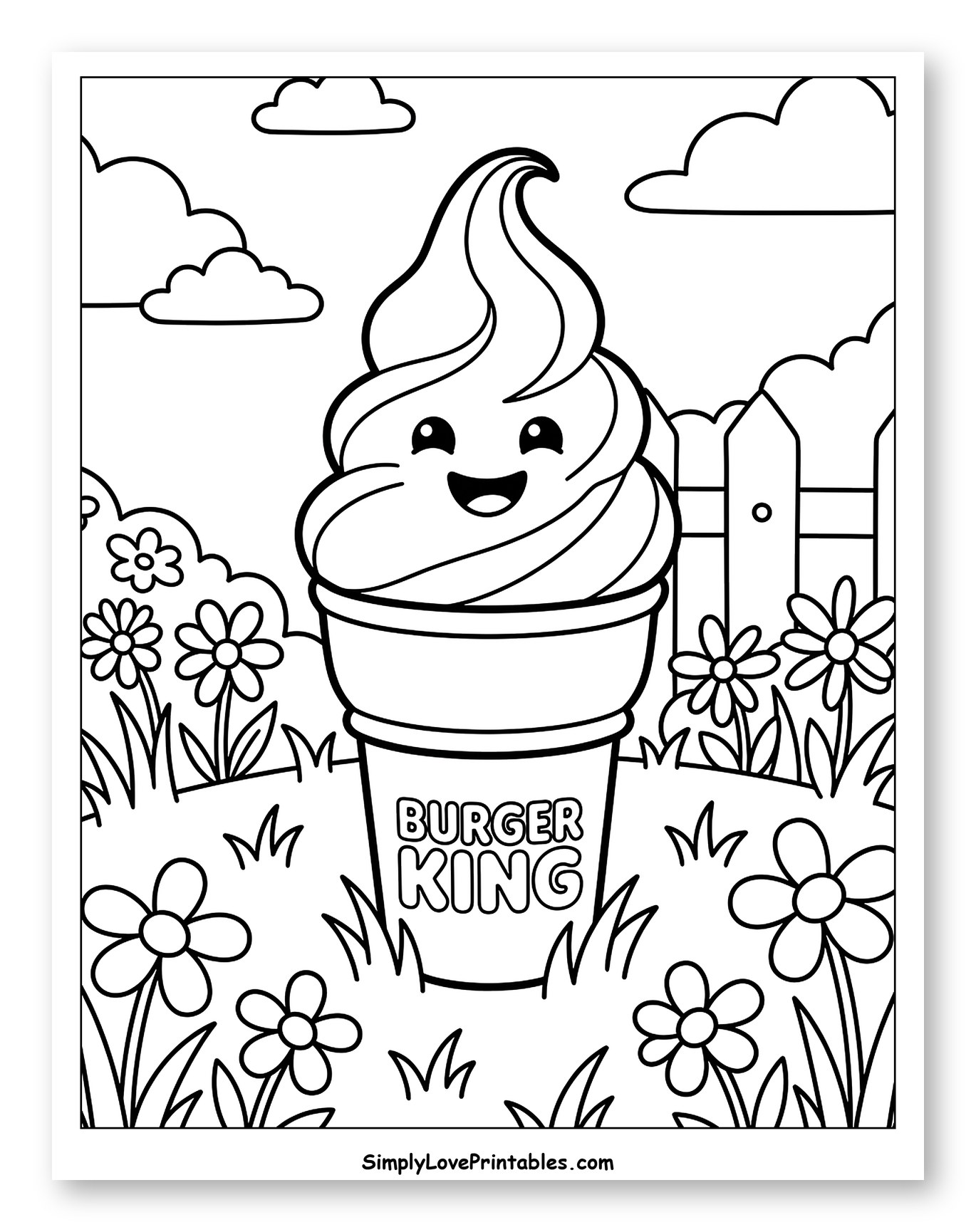 Smiling Burger King Ice Cream Cone in Garden Coloring Sheet for Kids