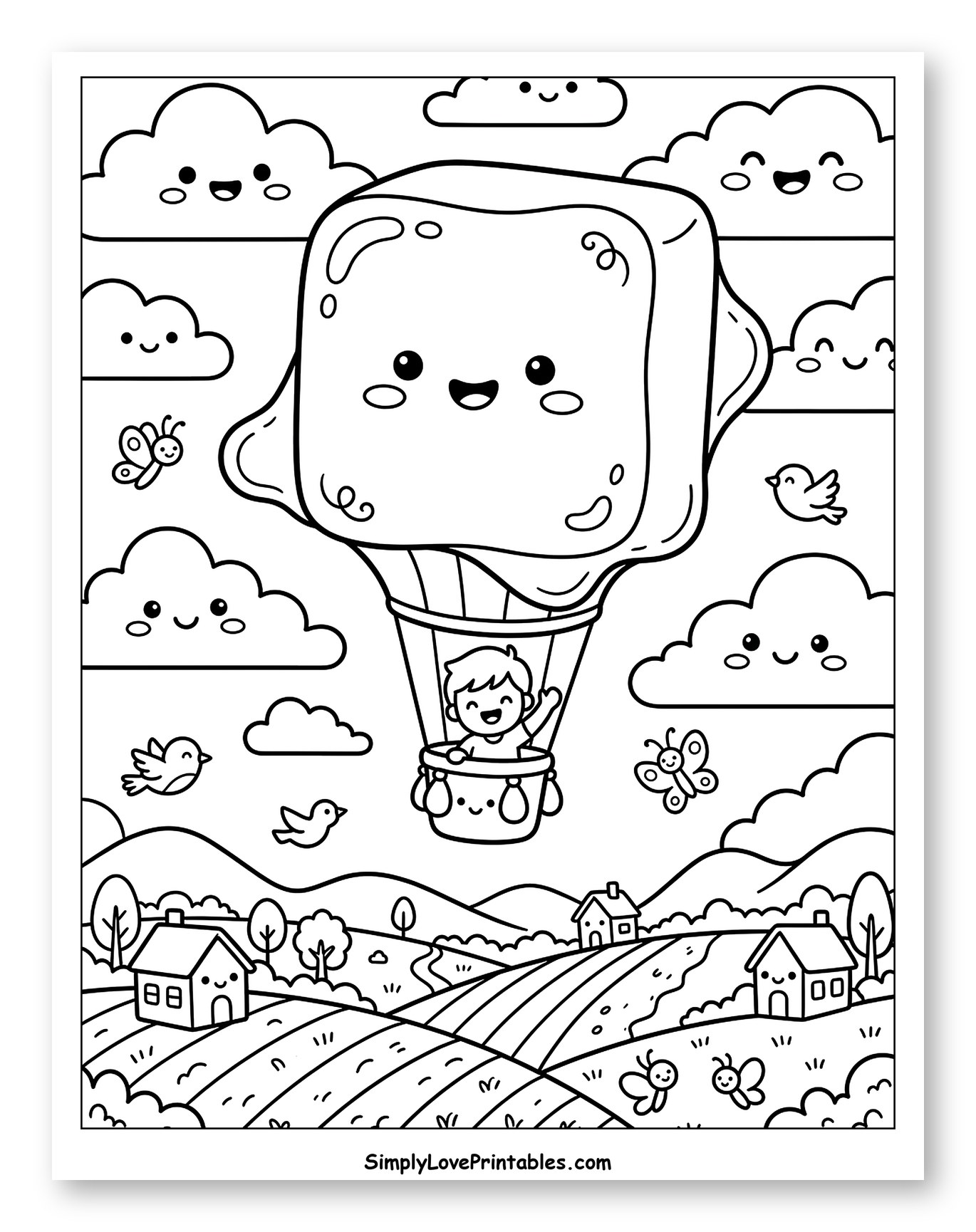 Smiling Butter Balloon Flying Over Farmland