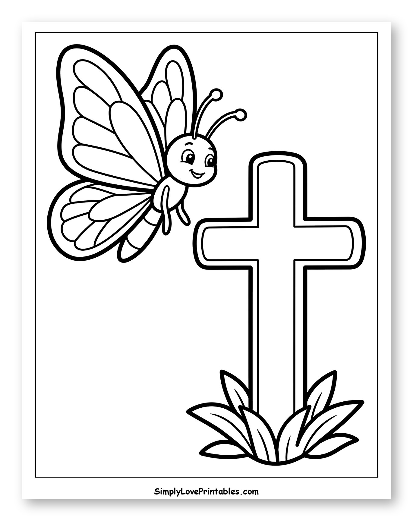 Smiling Butterfly and Christian Cross Coloring Page for Toddlers