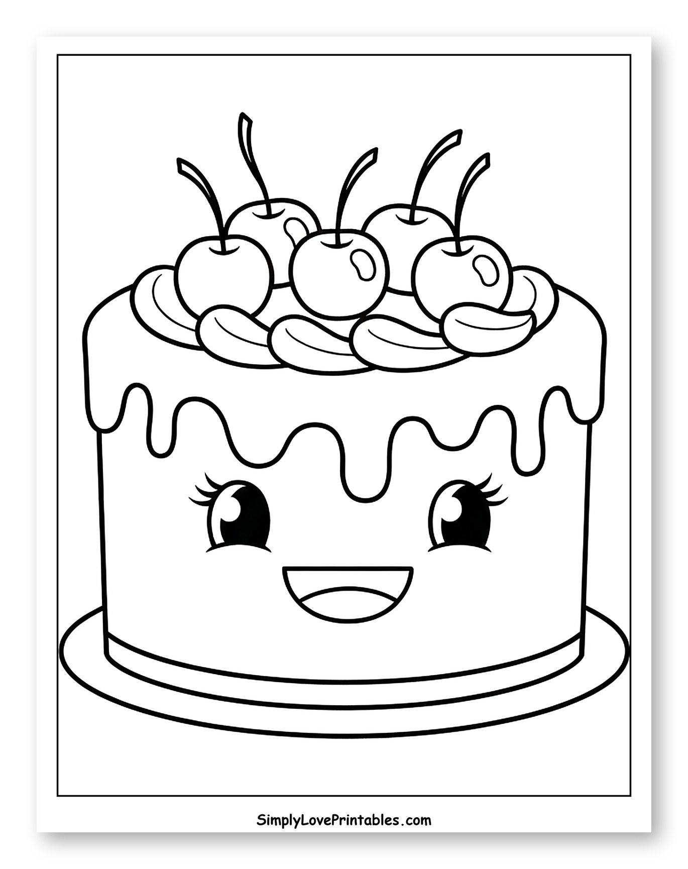 Smiling Cake Topped with Cherries and Fruit Coloring Sheet for Toddlers