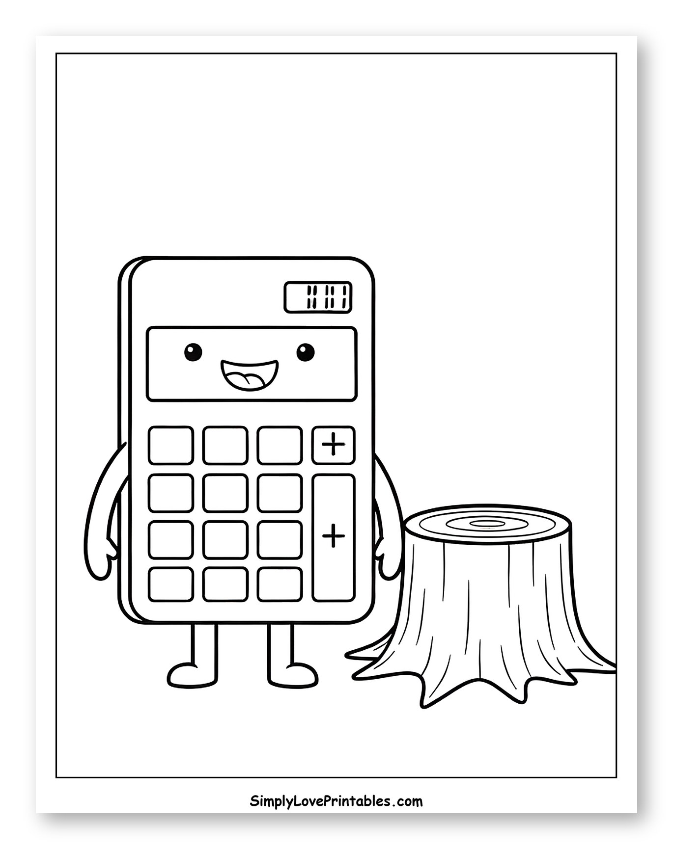 Smiling Calculator Next to Tree Stump to Color for Toddlers