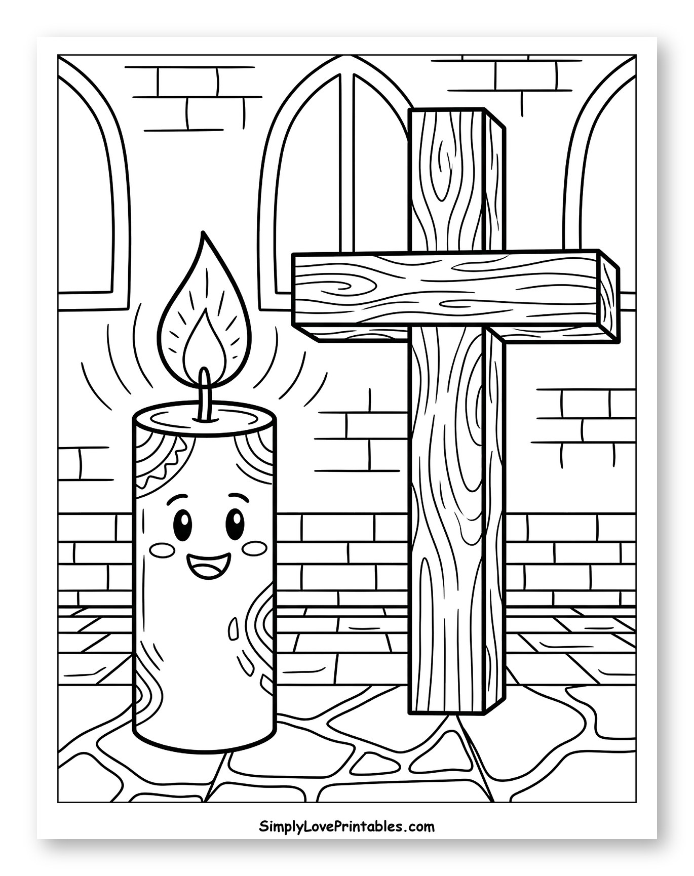 Smiling Candle and Wooden Cross to Color for Kids