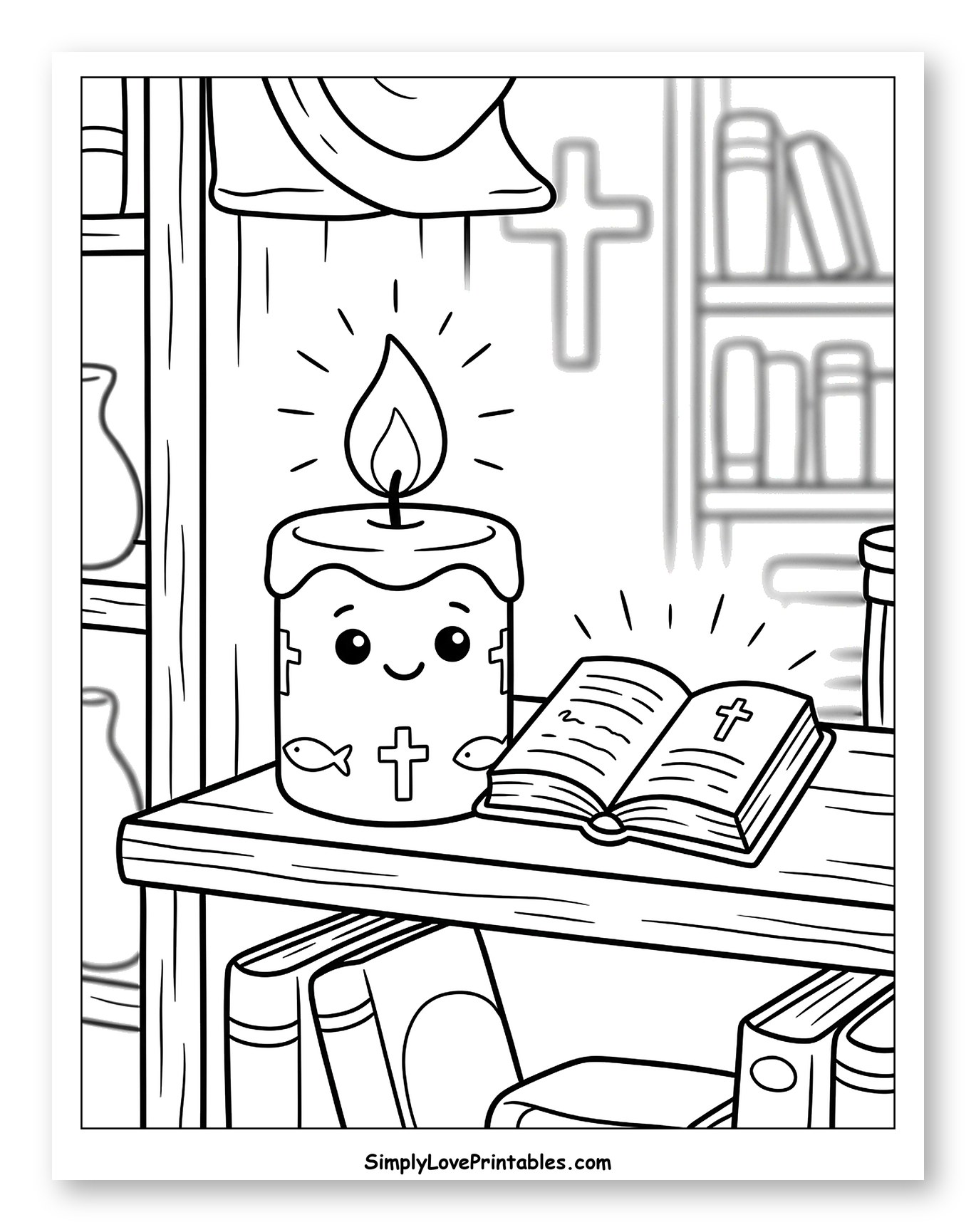 Smiling Candle with Bible and Christian Symbols Coloring Sheet for Kids
