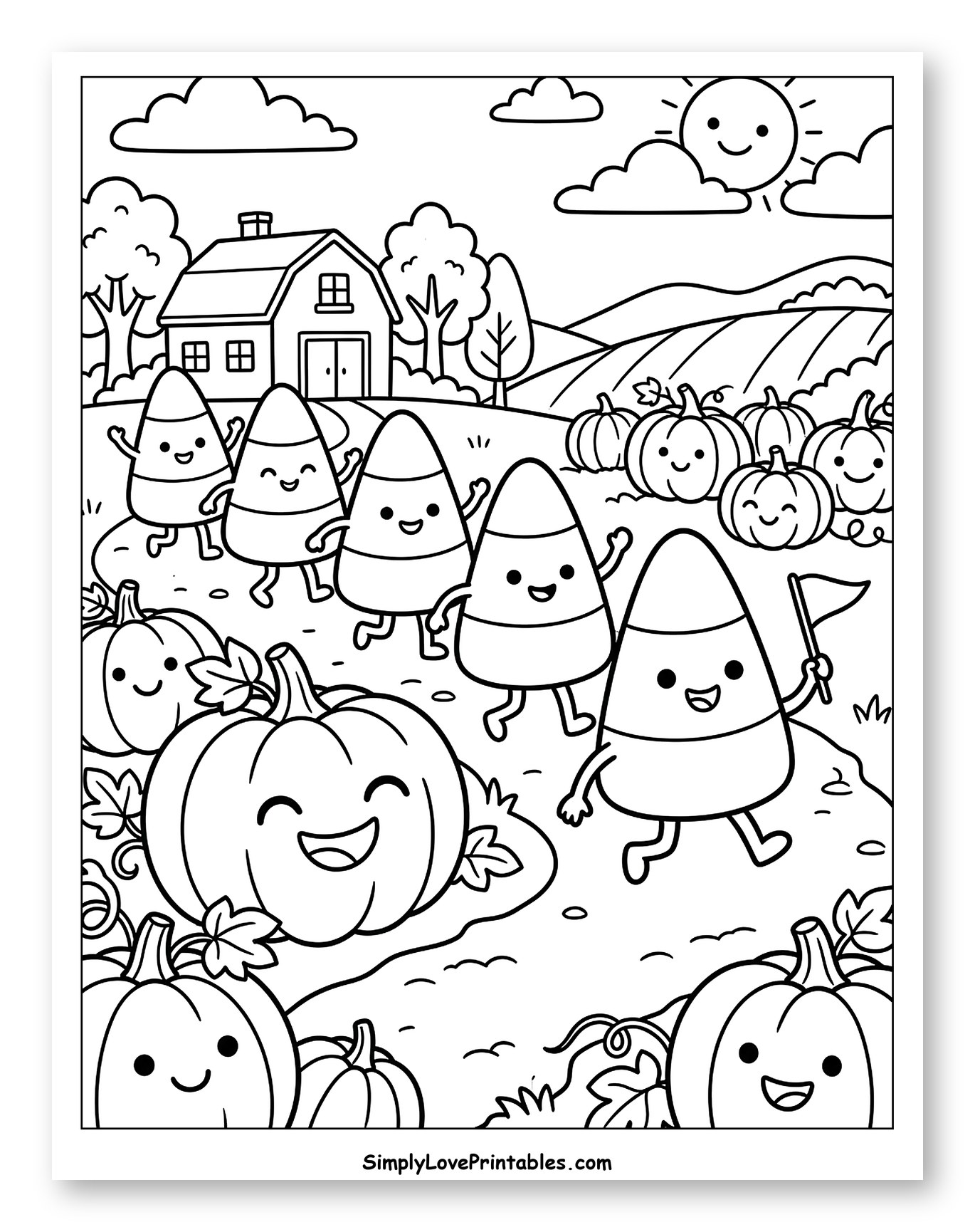 Smiling Candy Corn and Pumpkins in a Pumpkin Patch