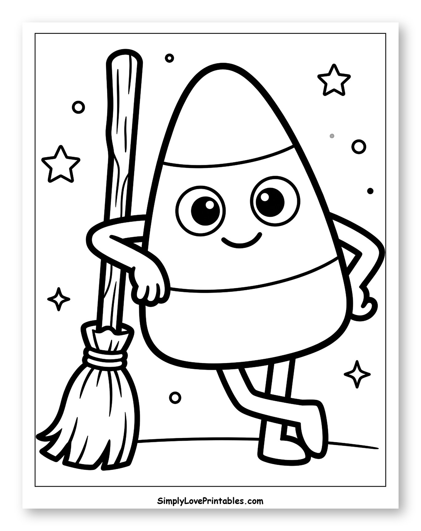 Smiling Candy Corn Holds a Broomstick Coloring Sheet for Toddlers