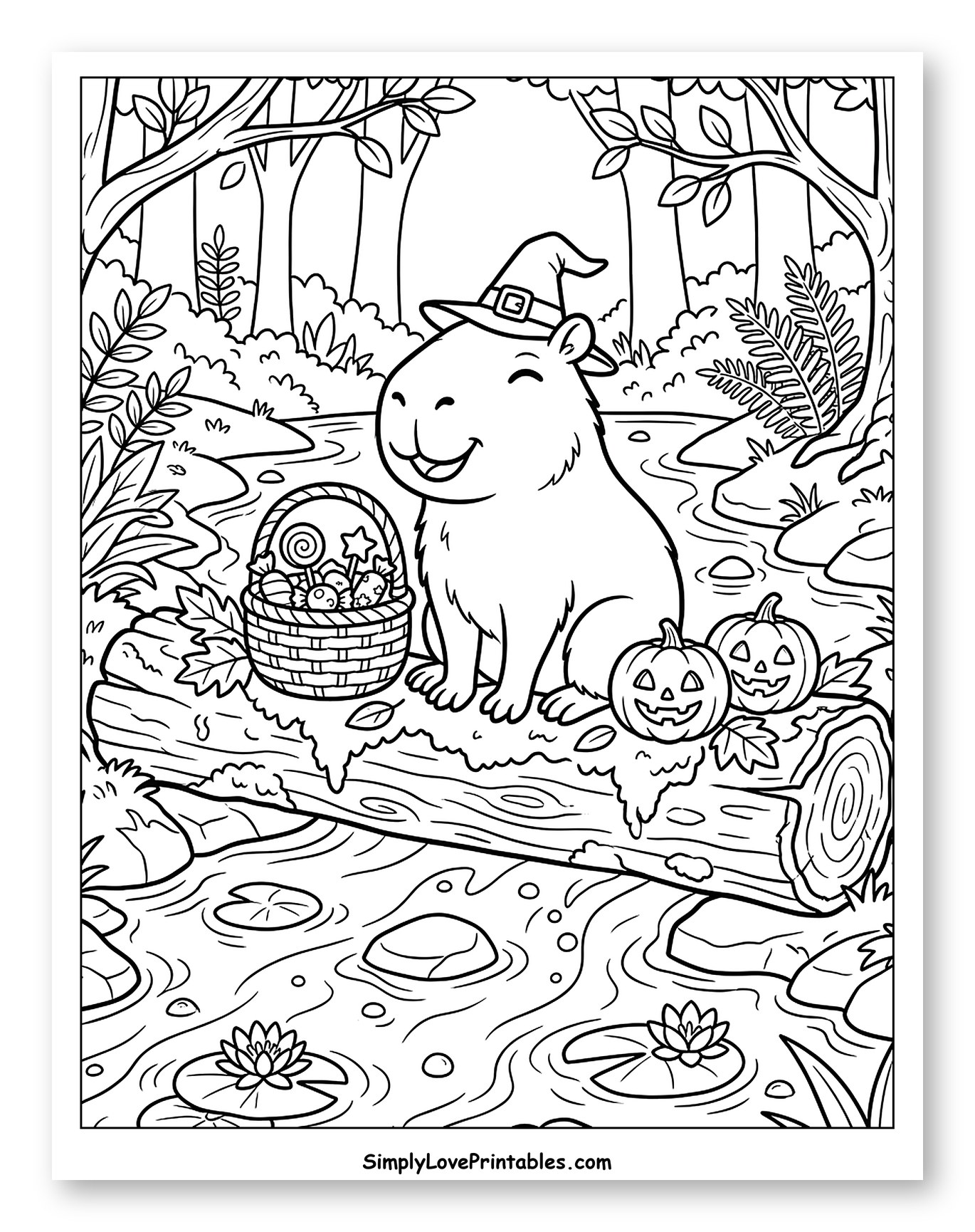 Smiling Capybara in Witch Hat with Halloween Treats Coloring Sheet for Kids