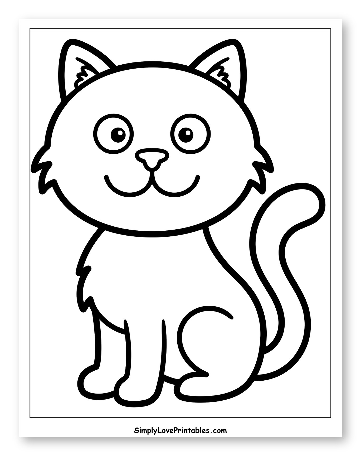 Smiling Cartoon Cat Sitting Down Coloring Page for Toddlers
