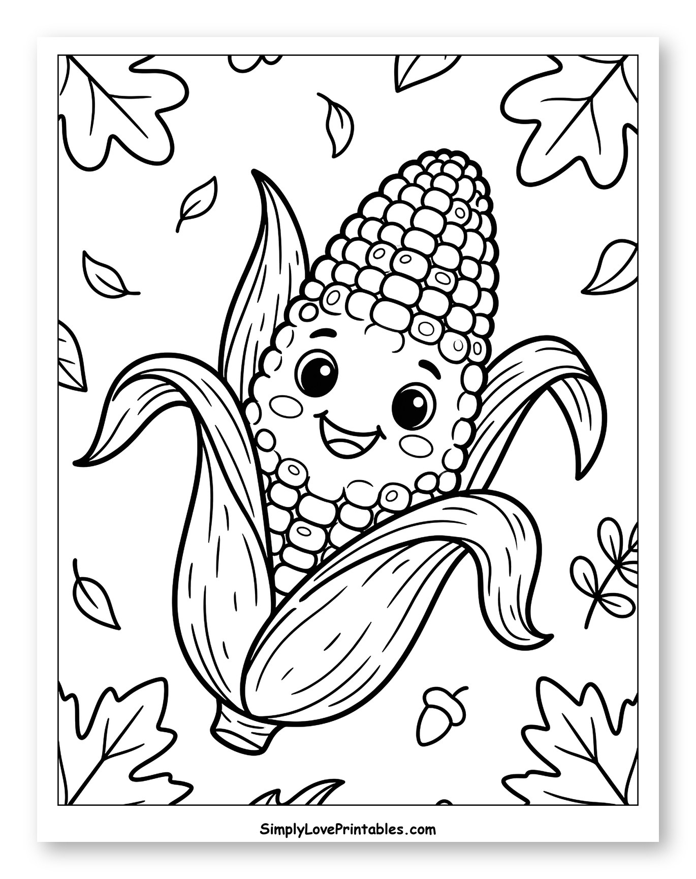Smiling Cartoon Corn with Autumn Leaves Coloring Page for Kids