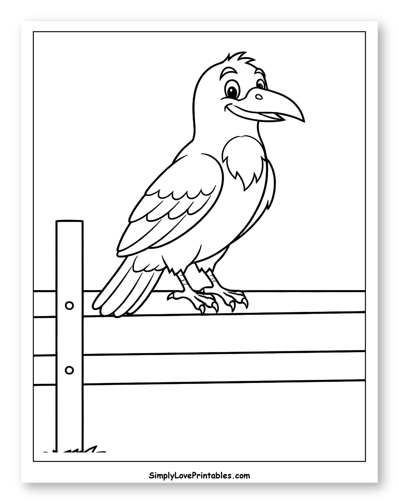 Smiling Cartoon Crow on a Wooden Fence