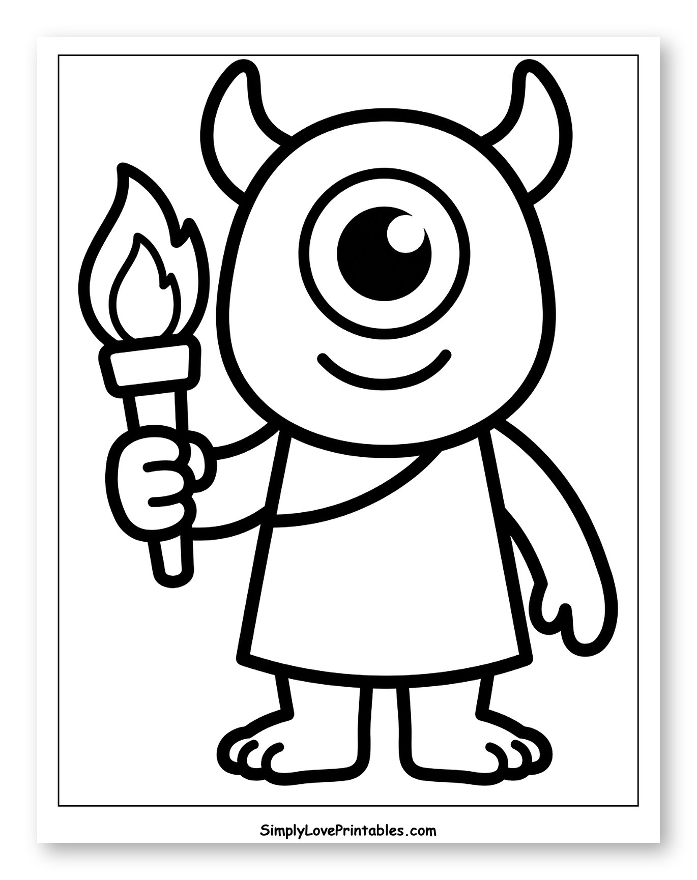 Smiling Cartoon Cyclops Holding a Torch to Color for Toddlers