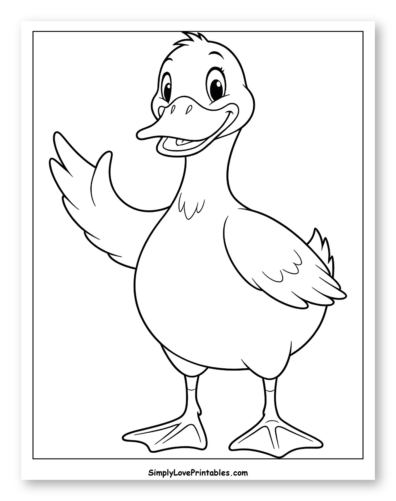 Smiling Cartoon Duck Waving Hello Coloring Page for Toddlers