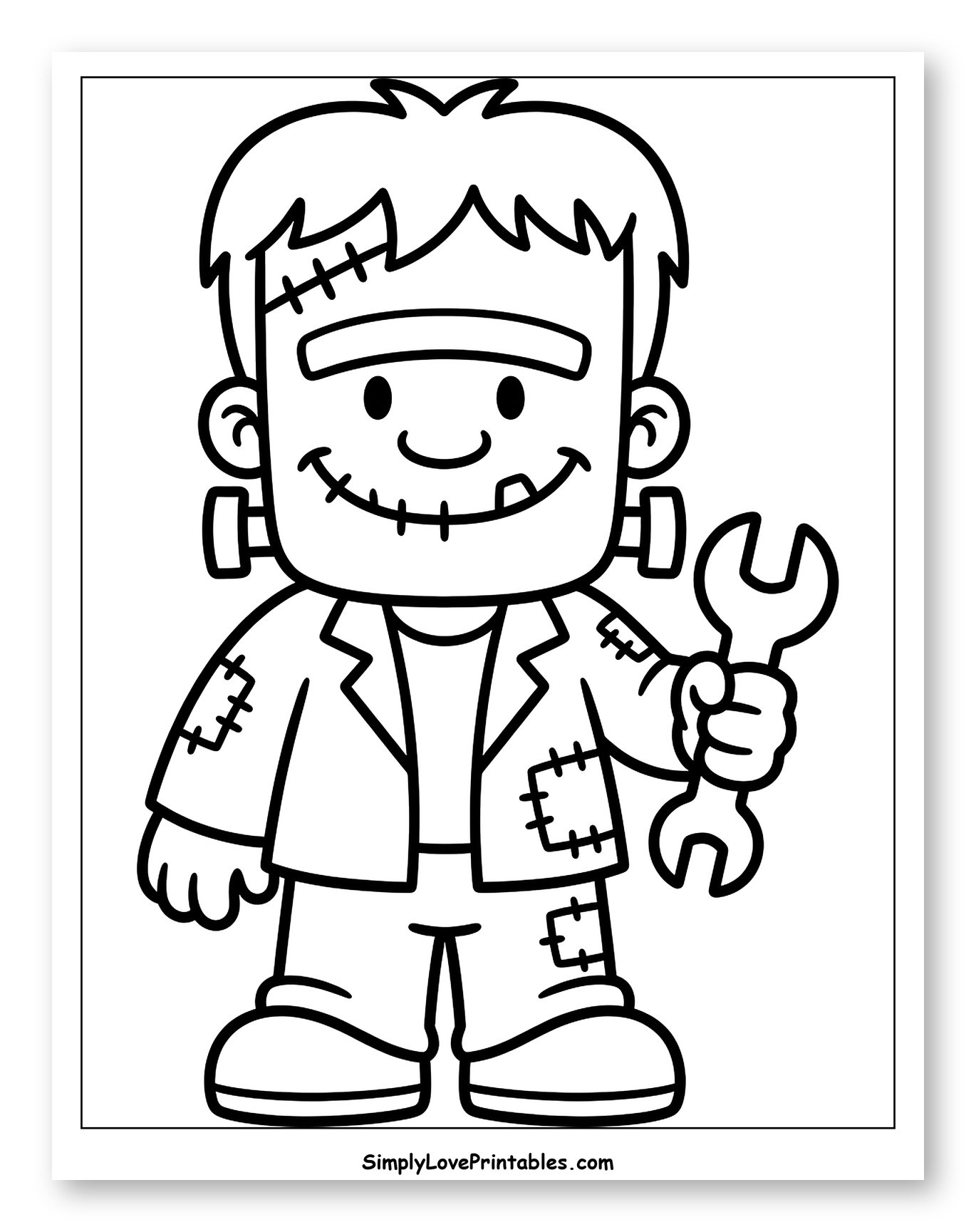 Smiling Cartoon Frankenstein Monster Holding a Wrench