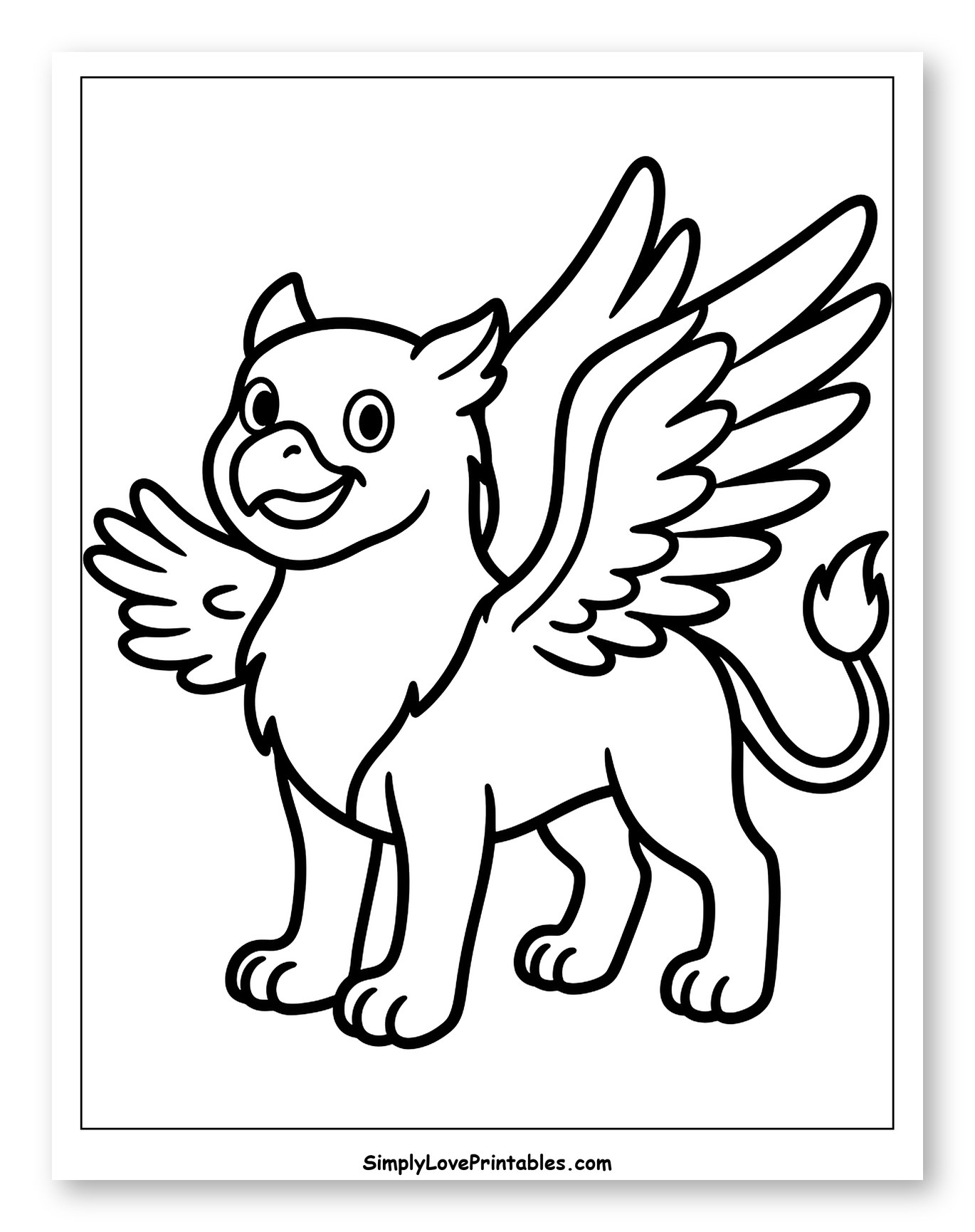 Smiling Cartoon Griffin with Wings Coloring Page for Toddlers