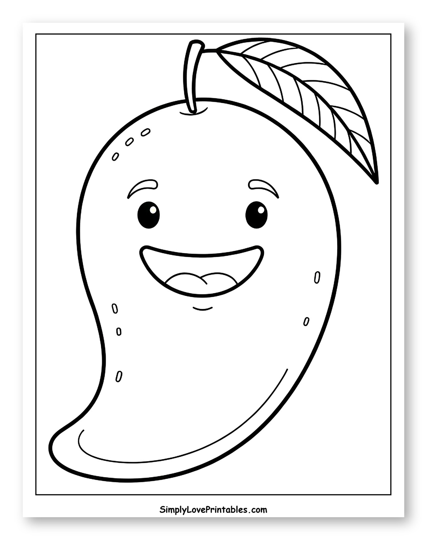 Smiling Cartoon Mango with Stem and Leaf to Color for Toddlers