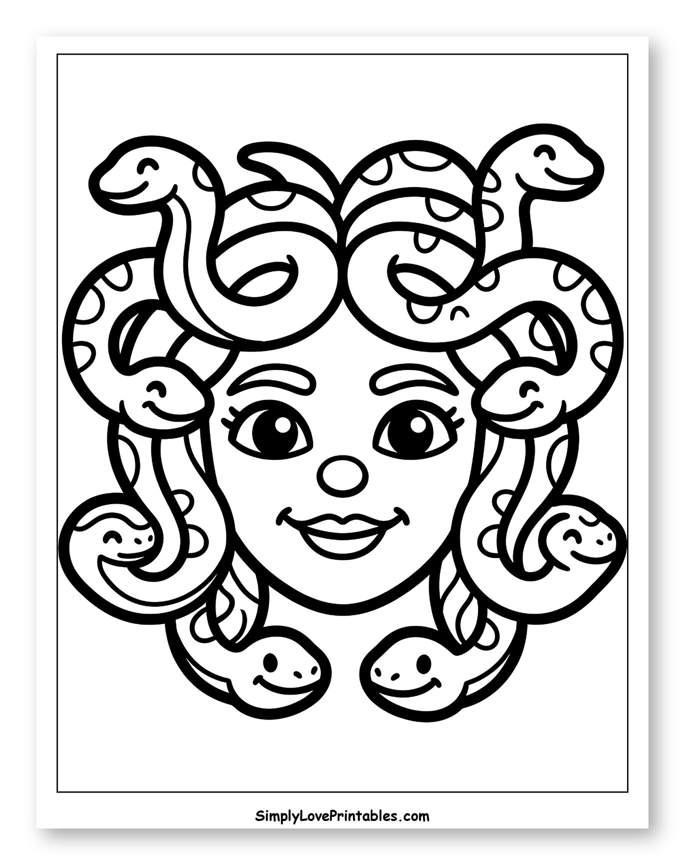 Smiling Cartoon Medusa Head with Happy Snakes to Color for Toddlers
