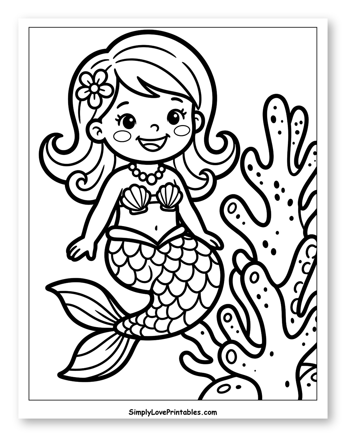 Smiling Cartoon Mermaid with Coral Reef Coloring Sheet for Toddlers