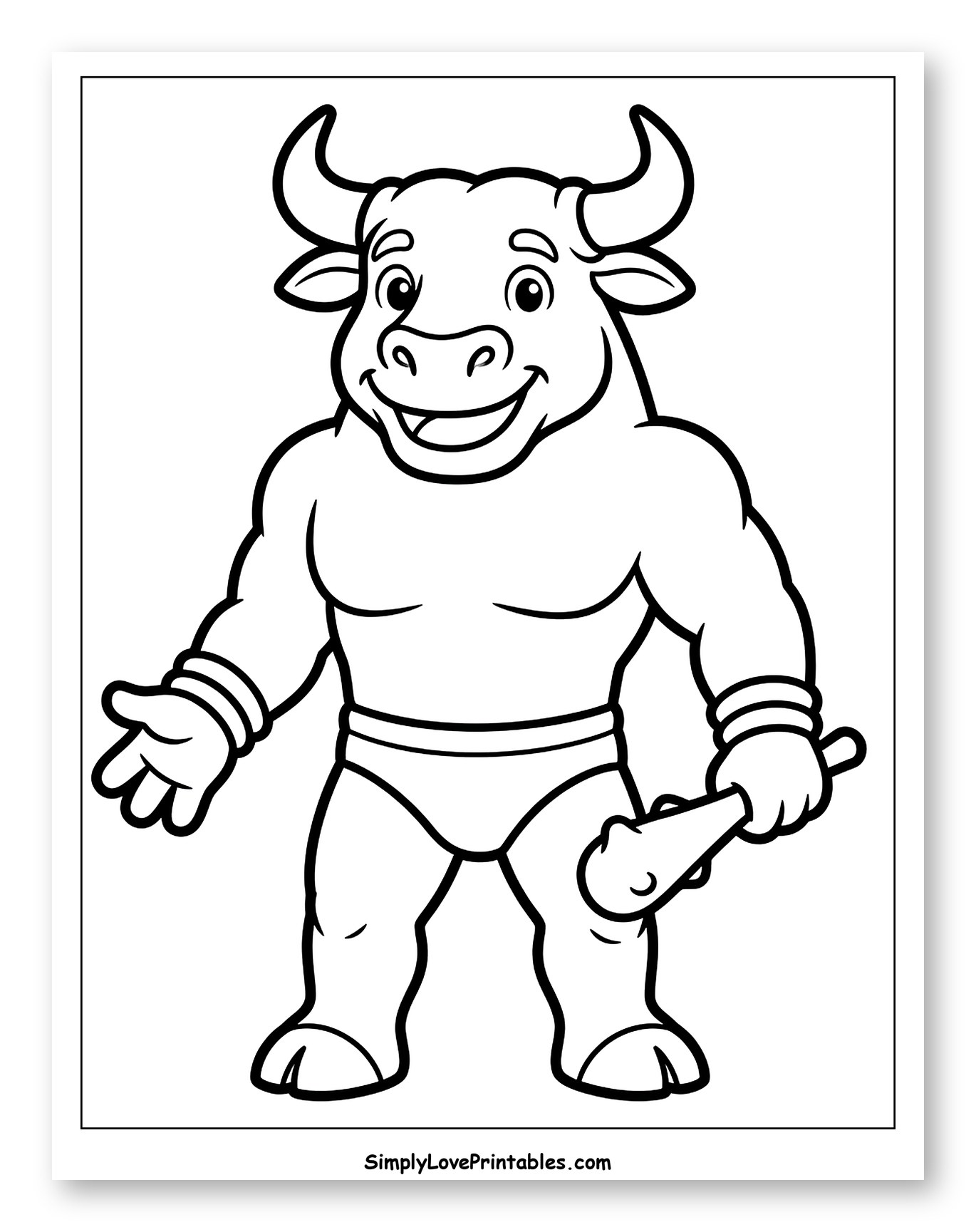 Smiling Cartoon Minotaur Holding a Club Coloring Sheet for Toddlers