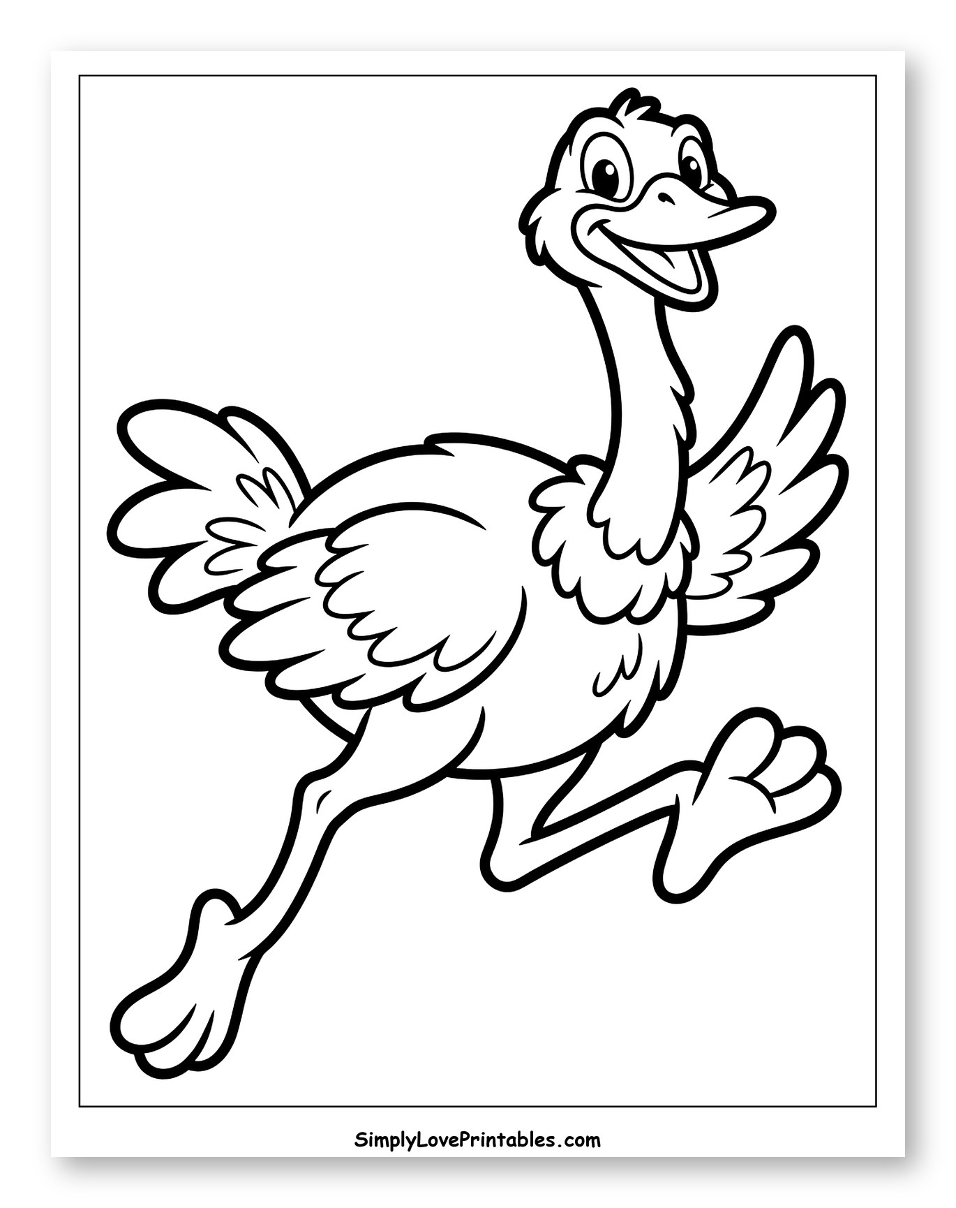 Smiling Cartoon Ostrich Running Energetically Coloring Sheet for Toddlers