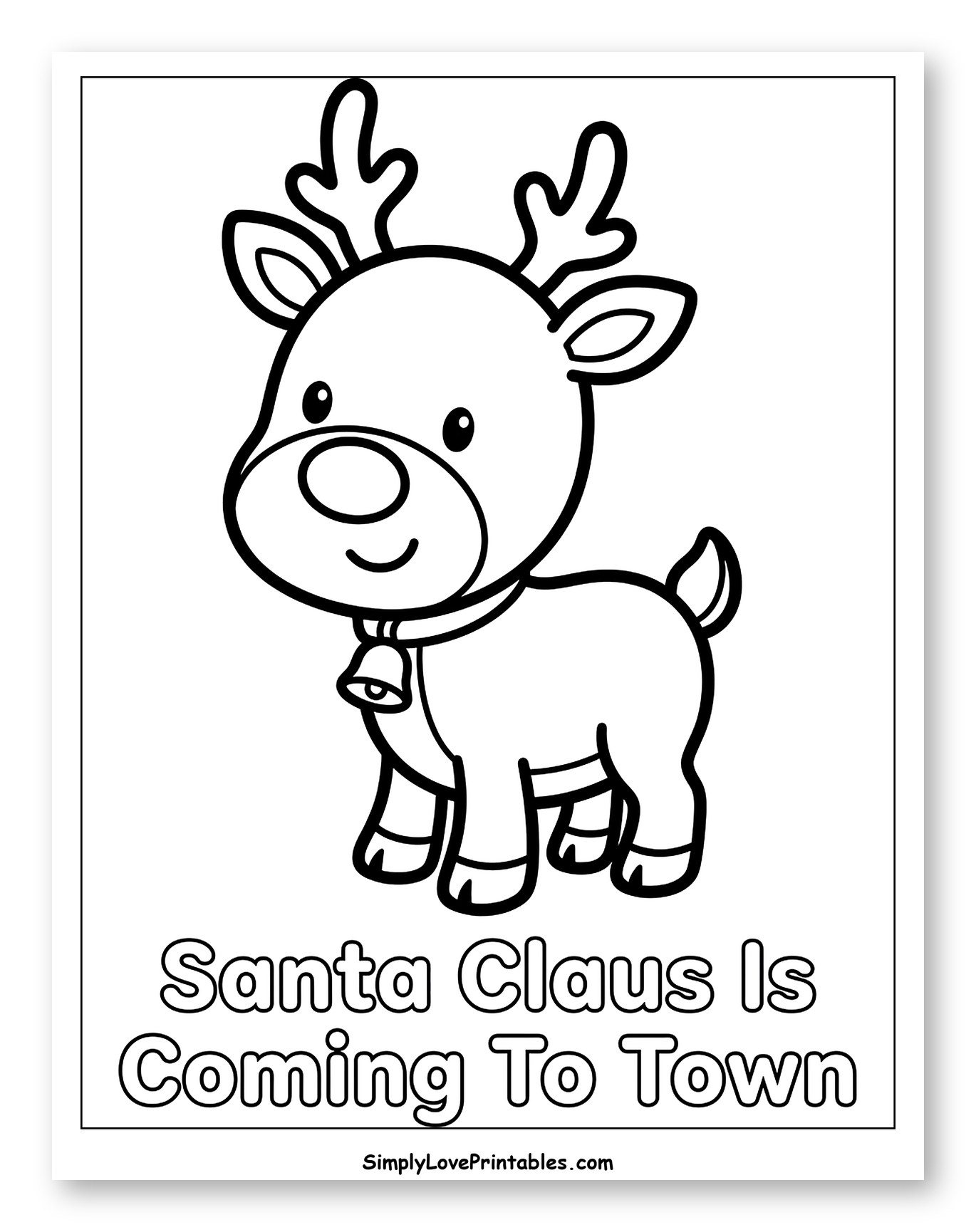Smiling Cartoon Reindeer with a Festive Bell Coloring Sheet for Toddlers