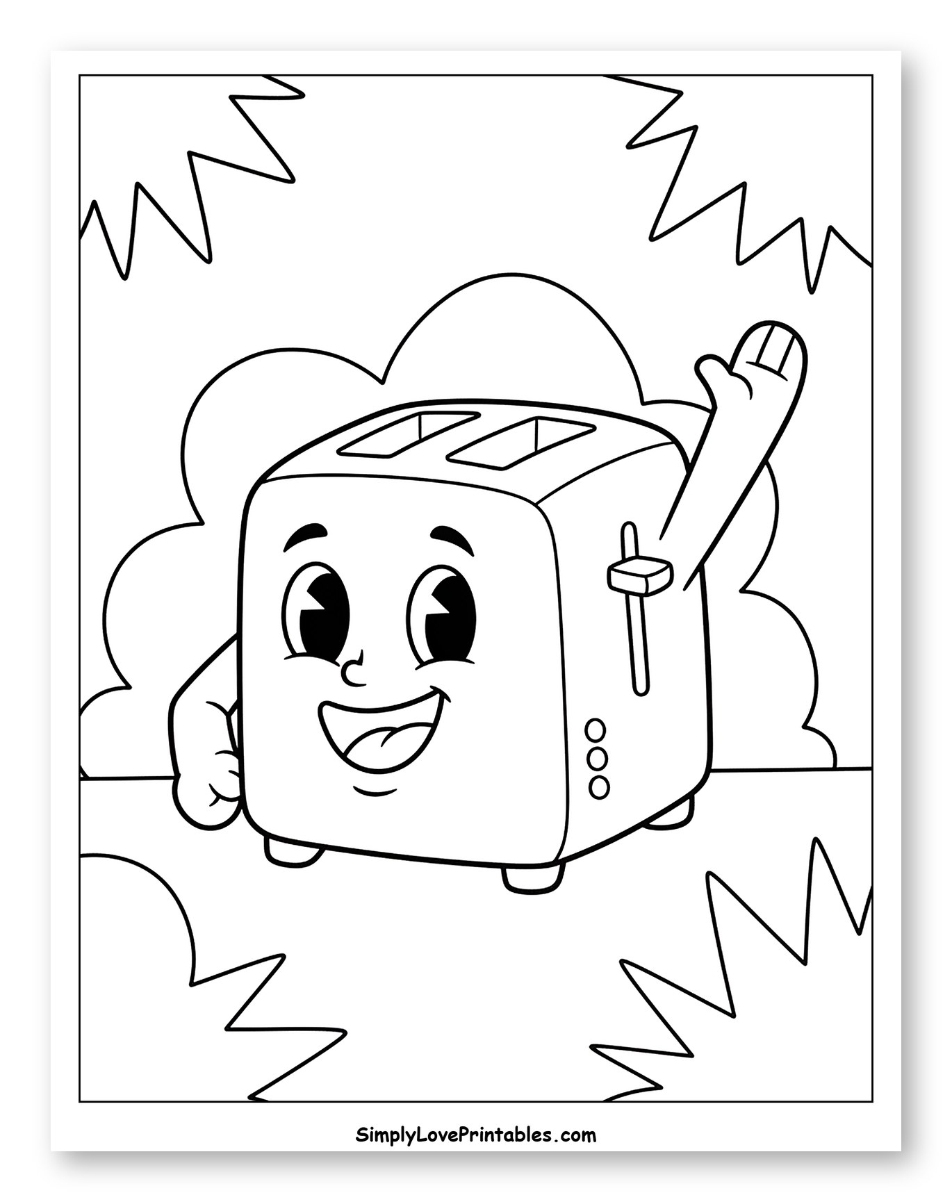 Smiling Cartoon Toaster Character Waving Coloring Page for Toddlers