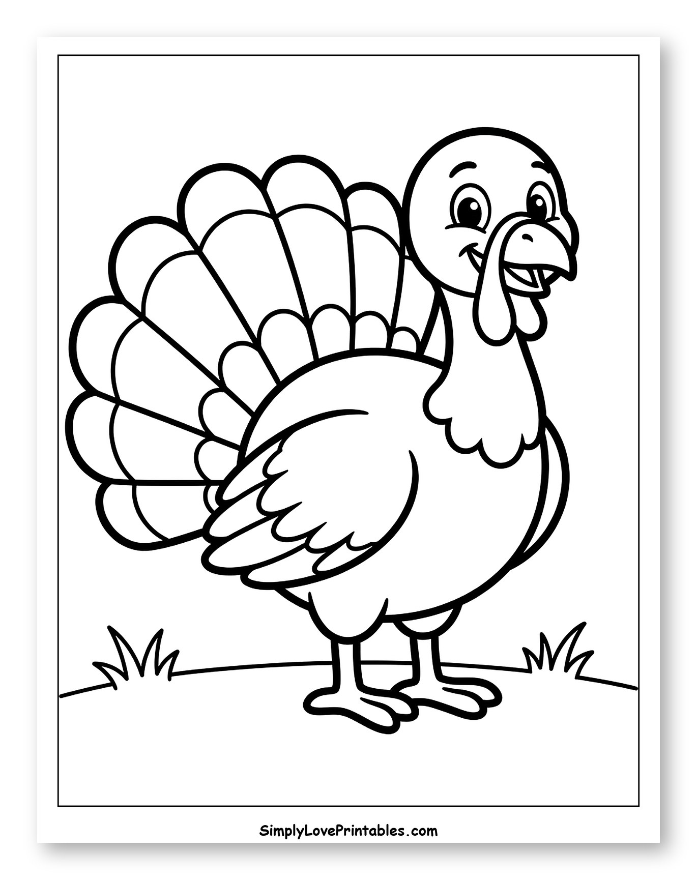 Smiling Cartoon Turkey Standing on Grass Coloring Page for Toddlers
