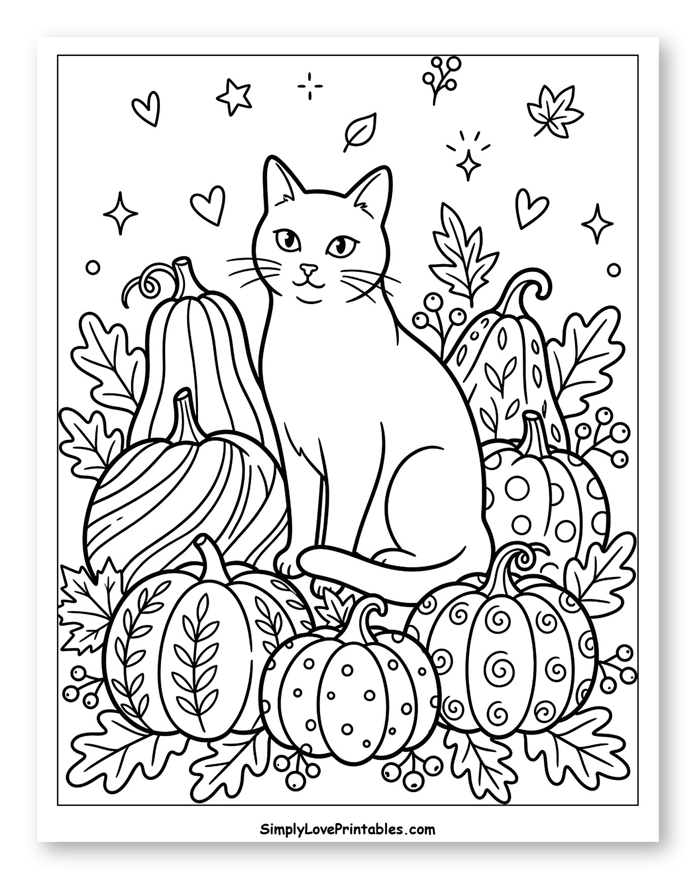 Smiling Cat Among Fall Pumpkins and Berries Coloring Sheet for Adults