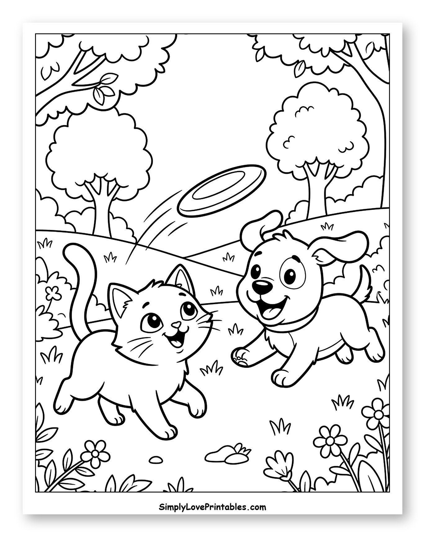 Smiling Cat and Dog Chasing a Frisbee to Color for Kids