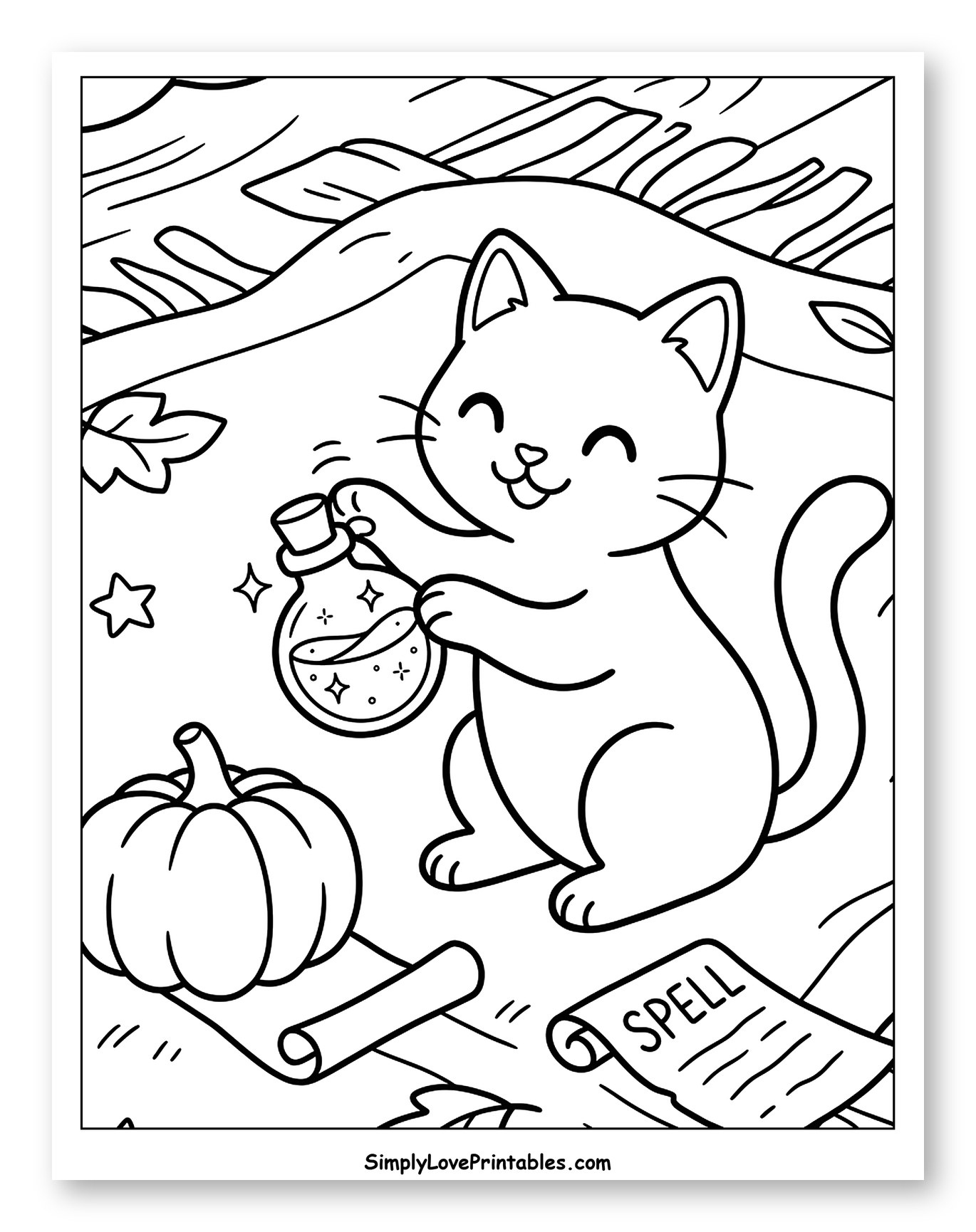 Smiling Cat with Potion, Pumpkin, and Spell