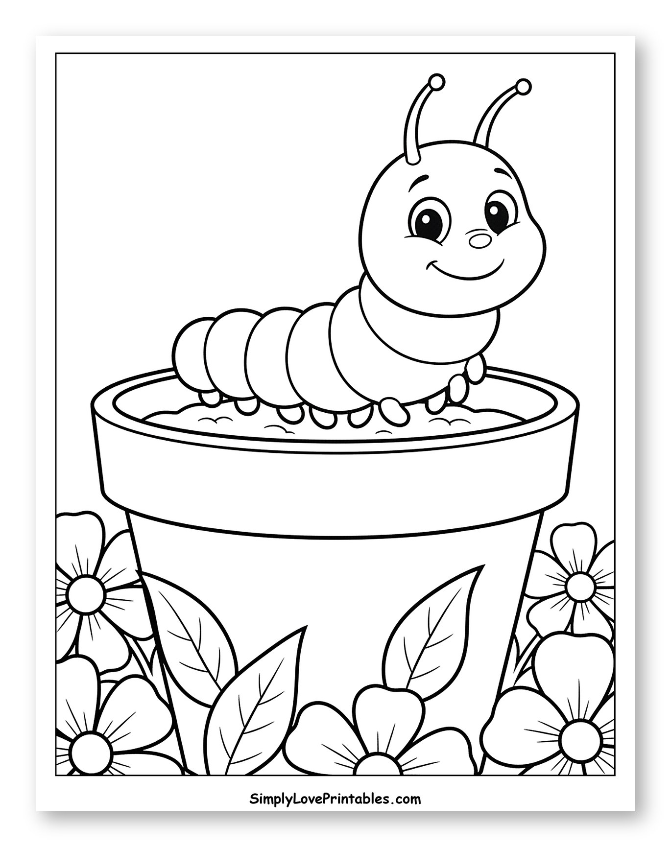 Smiling Caterpillar in a Flowerpot with Flowers
