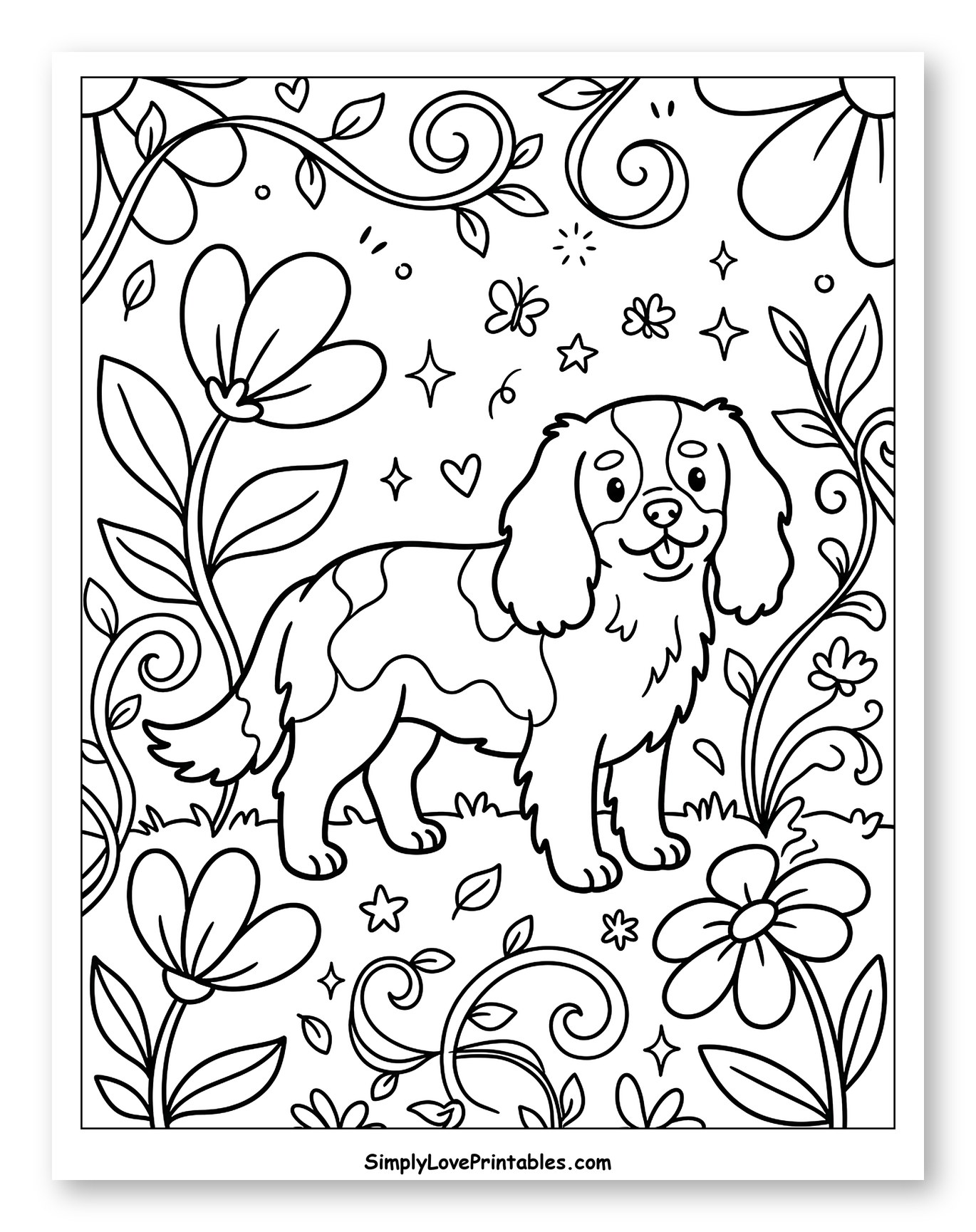 Smiling Cavalier Dog in a Blooming Garden Coloring Sheet for Adults