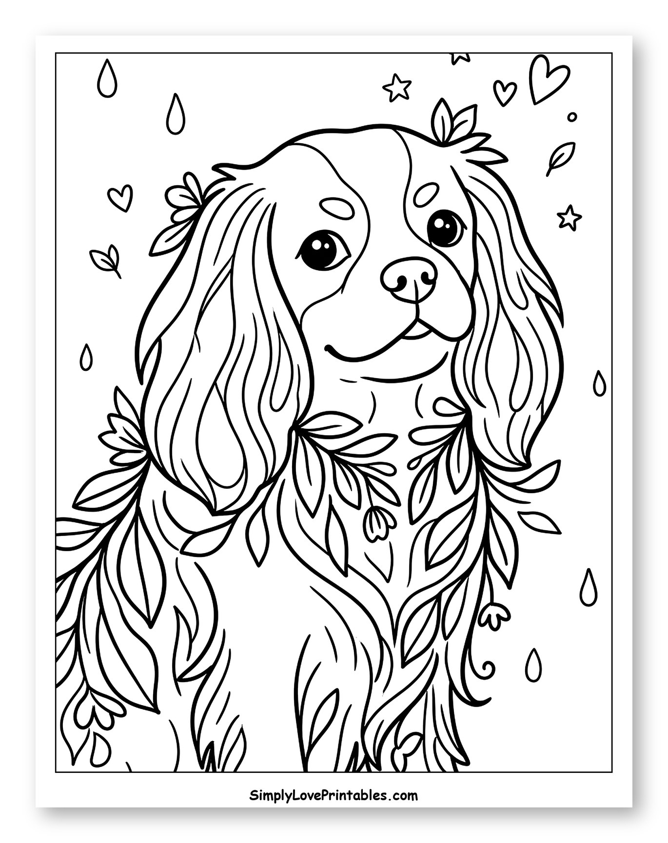 Smiling Cavalier Dog with Botanical Details