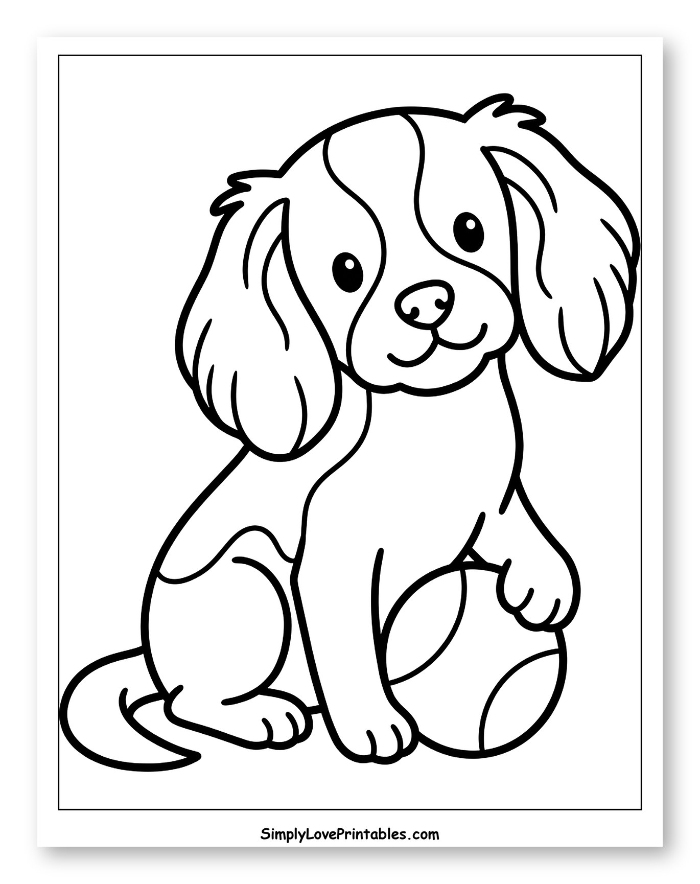Smiling Cavalier King Charles Puppy and Ball Coloring Page for Toddlers