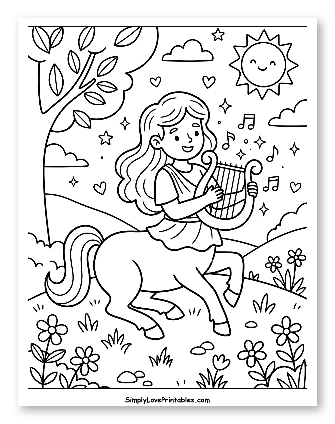 Smiling Centaur Playing Lyre Under Sunny Sky Coloring Page for Adults