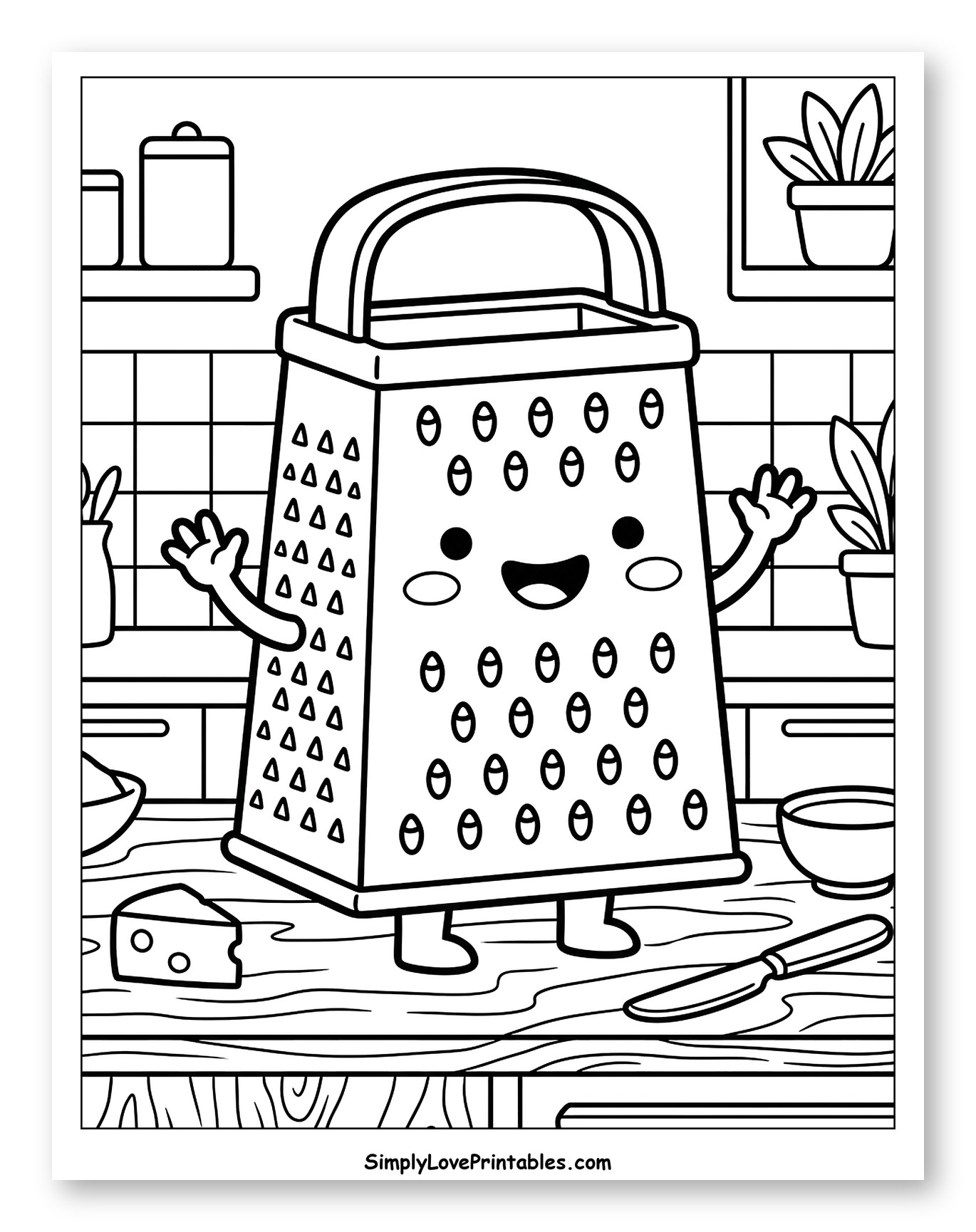 Smiling Cheese Grater with Cheese Coloring Sheet for Kids