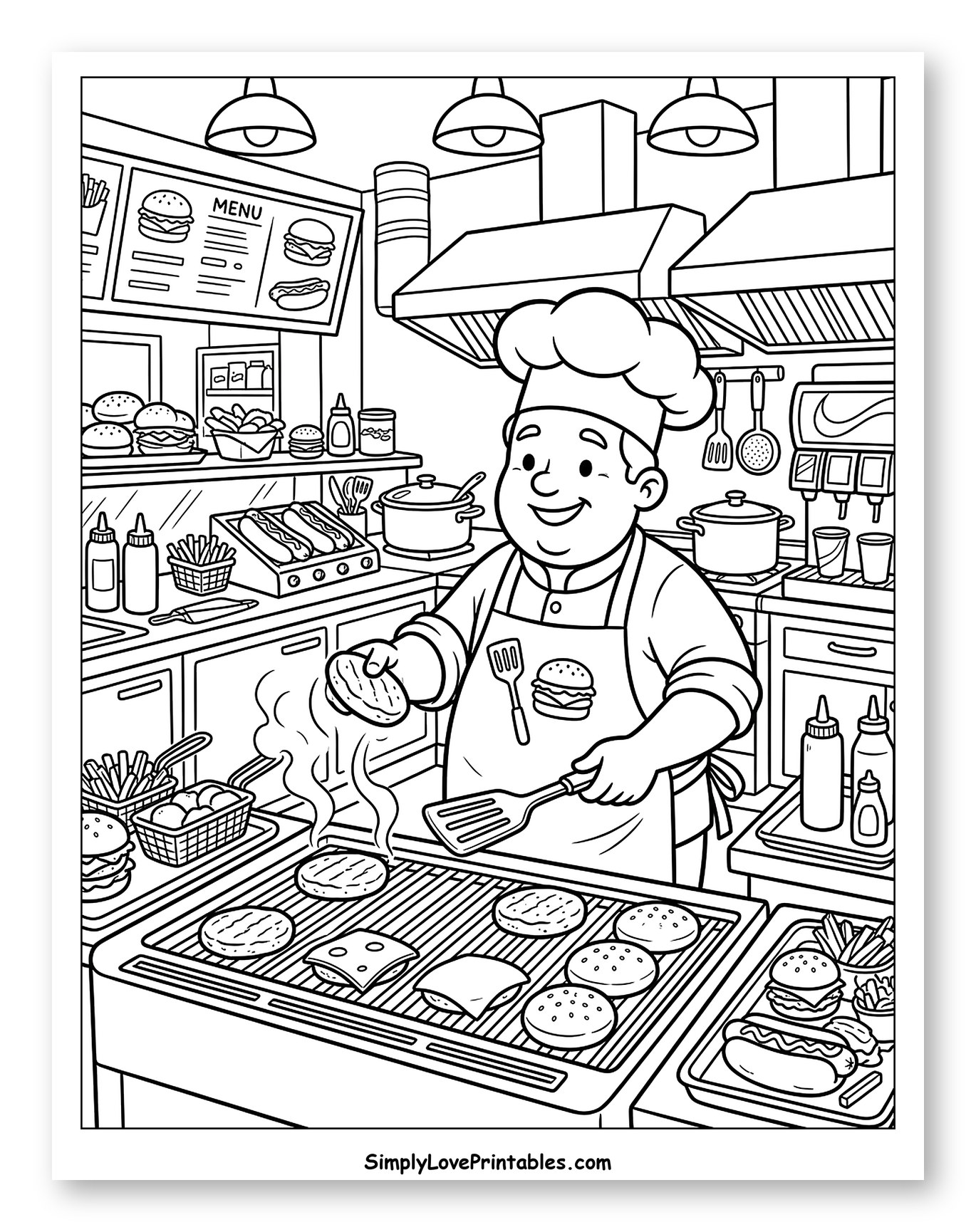 Smiling Chef Grilling Burgers in a Fast Food Kitchen