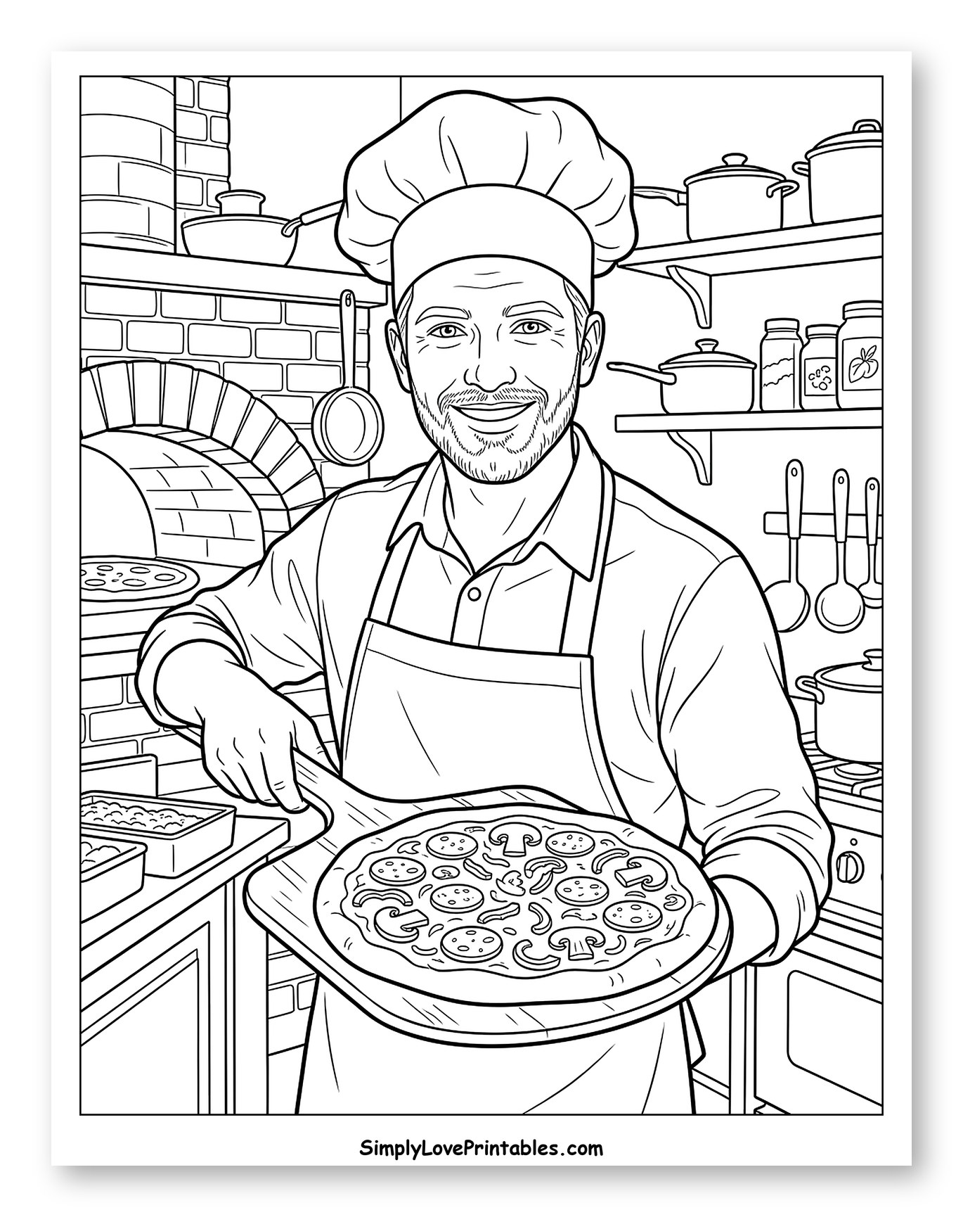 Smiling Chef with Fresh Pizza Coloring Sheet