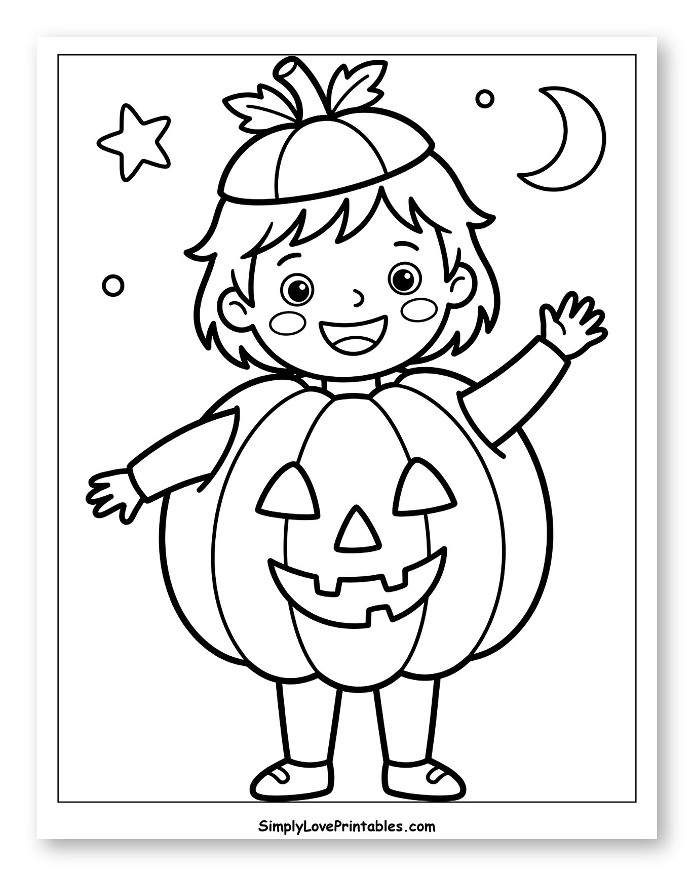 Smiling Child in Happy Pumpkin Costume Coloring Sheet for Toddlers